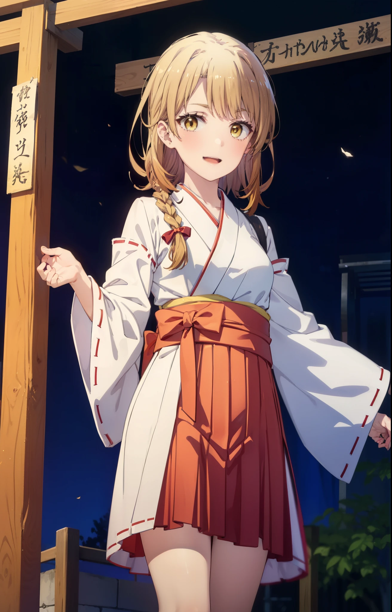 irohaisshiki, iroha isshiki, long hair, brown hair, (brown eyes:1.5), low ponytail,Short braided hair happy smile, smile, open your mouth,Platycodon,Miko, white kimono, red hakama,kimono, white foot bag,Zori sandals,same as skirt, wide sleeve, long sleeve, ribbon trim sleeves,
looking at the viewer, Are standing,
very long hair, dull bangs, low ponytail,
break outdoors, shrine,torii,
break looking at viewer,whole body, (cowboy shot:1. 5)
break (masterpiece:1.2), highest quality, High resolution, unity 8k wallpaper, (shape:0.8), (fine and beautiful eyes:1.6), highly detailed face, perfect lighting, Very detailed CG, (perfect hands, perfect anatomy),