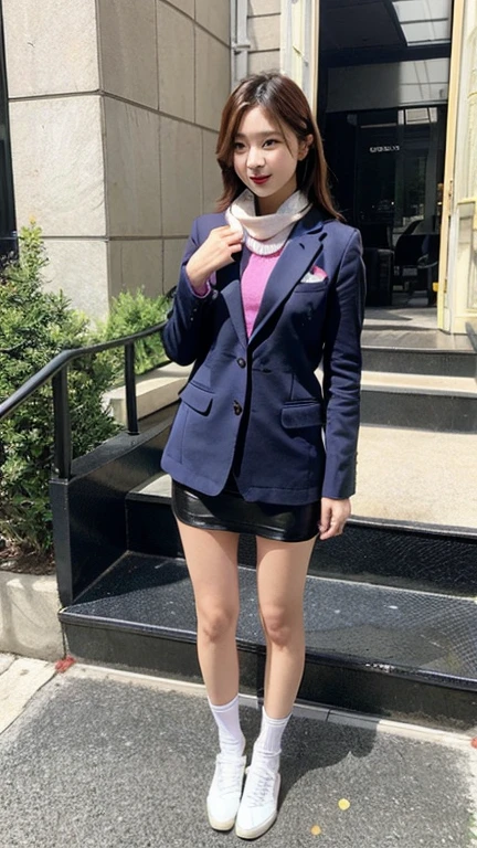 8K,woman,shortcut,20-year-old,red suit style,Scarf Purple White Pink,