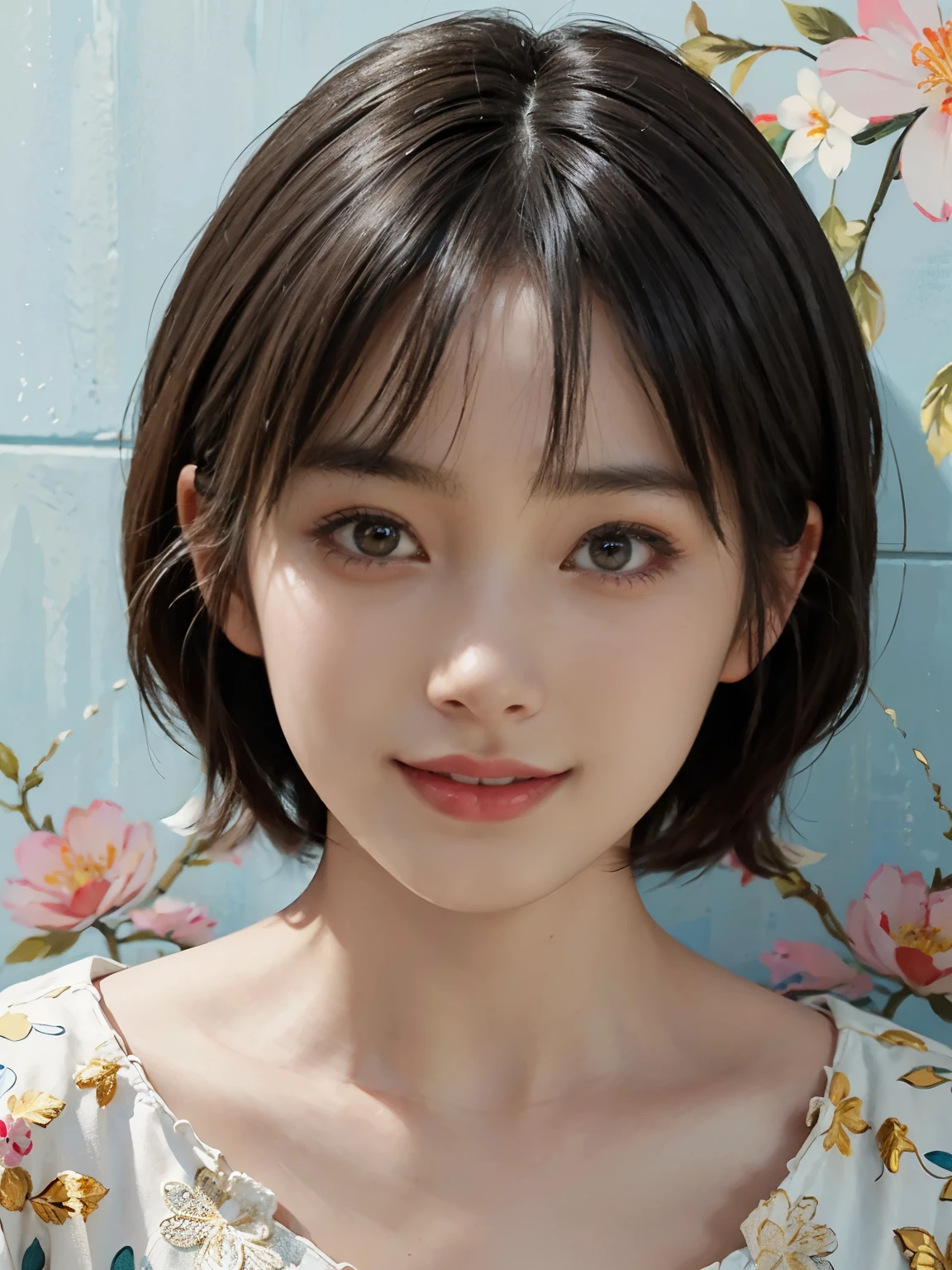 (A hyper-realistic), (illustration), (hight resolution), (8K), (highly detailed), (The best illustrations), (detailed face), (beautiful detailed eyes), (top-quality), (​masterpiece), (wall-paper), solo, Girl in dark underwear, plump breasts, smile, Upper body close-up, short hair,inner colored