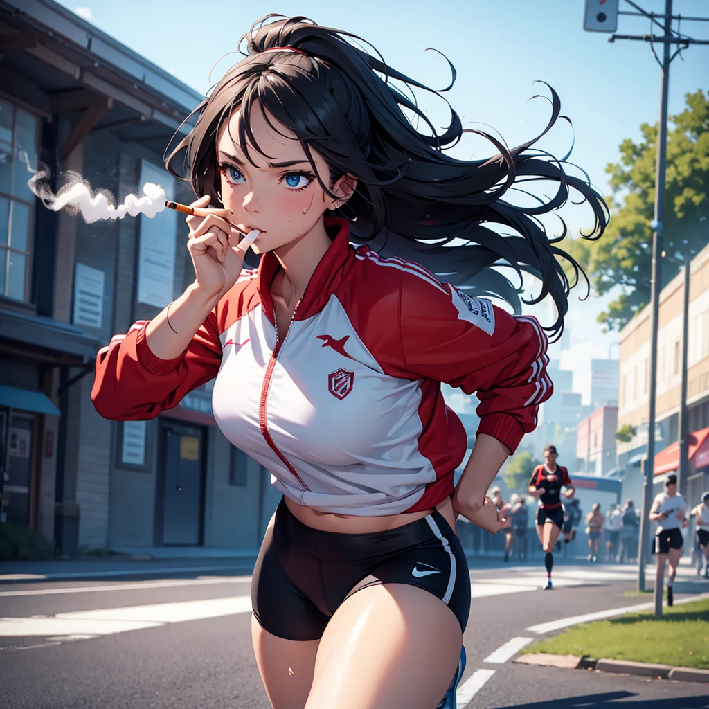best quality, masterpiece, highres, colorful, artstation, concept art, smooth, sharp focus, illustration, sport girl smoking a cigarette, smoking, smoker, sweating, more smoke, sprinting, running, in movement, 1girl, outdoor
