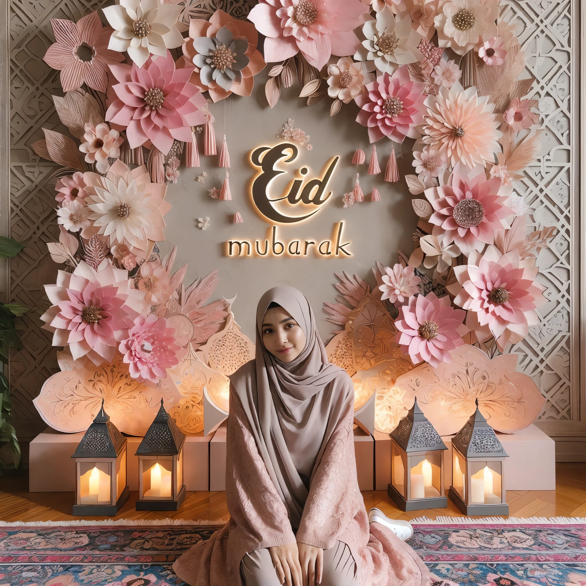 there is a woman sitting on the floor in front of a wall with flowers, 2 0 1 9, 2019, 2 0 1 8, 2018, ornate and intricate backdrop, ornate backdrop, inspired by Maryam Hashemi, 6 k, 6k, with soft pink colors, with flowers, displayed on an altar, background is heavenly