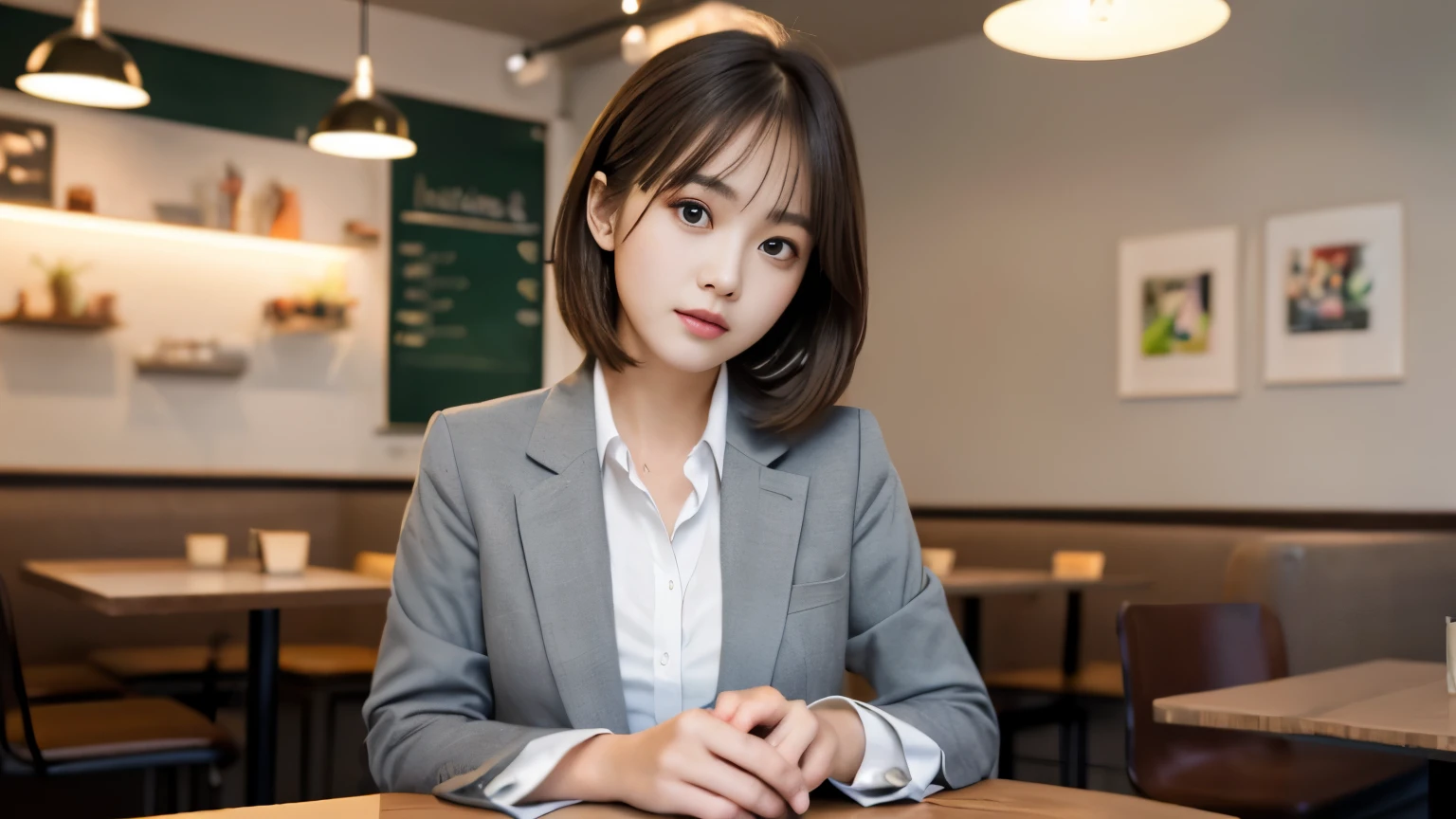 8K, highest quality, real image, intricate details, Super detailed, ultra high resolution, depth field,(realistic,realistic:1.2),table top , front shot , Photographed at a stylish cafe , girl, とても美しい17歳のgirl, innocent big eyes,、highly detailed eyes:1.2)、bangedium short hair, perfect skin, Fair skin, tight waist, light blush,  look at the viewer,((School_uniform),(blazer), (white shirt、wear a tie), (gray pleated skirt), (sculpture installation :1.1), urban cafe space, Customers enjoying cafe around