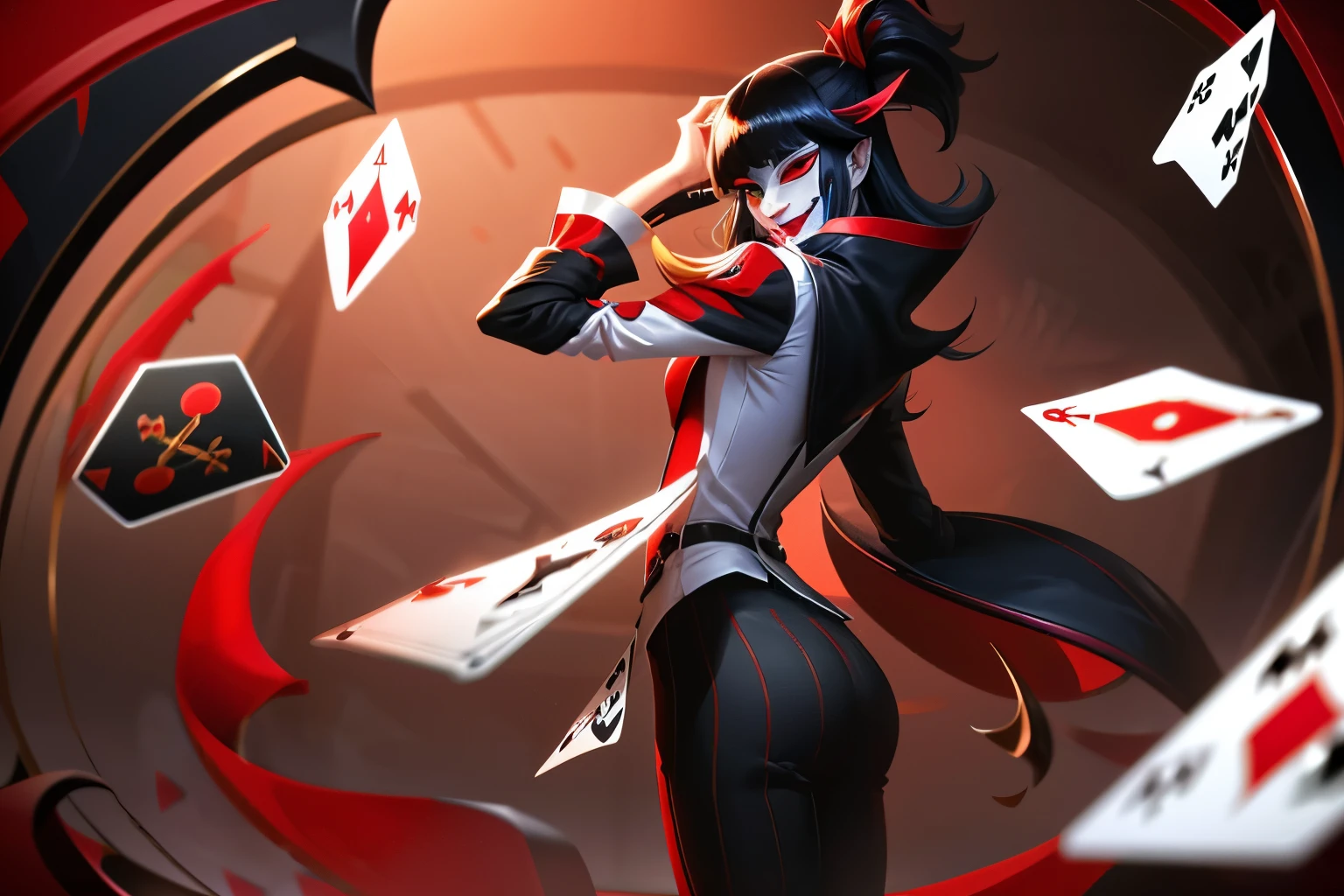 clown,white shirt,(red black magic:1.2), League of Legends สแปลชอาร์ต, woman,Bangs,black pants,Red eyes,ยืนอยู่บนcard,Long black hair with bangs,(madness:1.2),card,mask,Sino roof floor,Omie,mirror,smile,side view,magician,dice,Spades,Poteng,club,cross python,joker