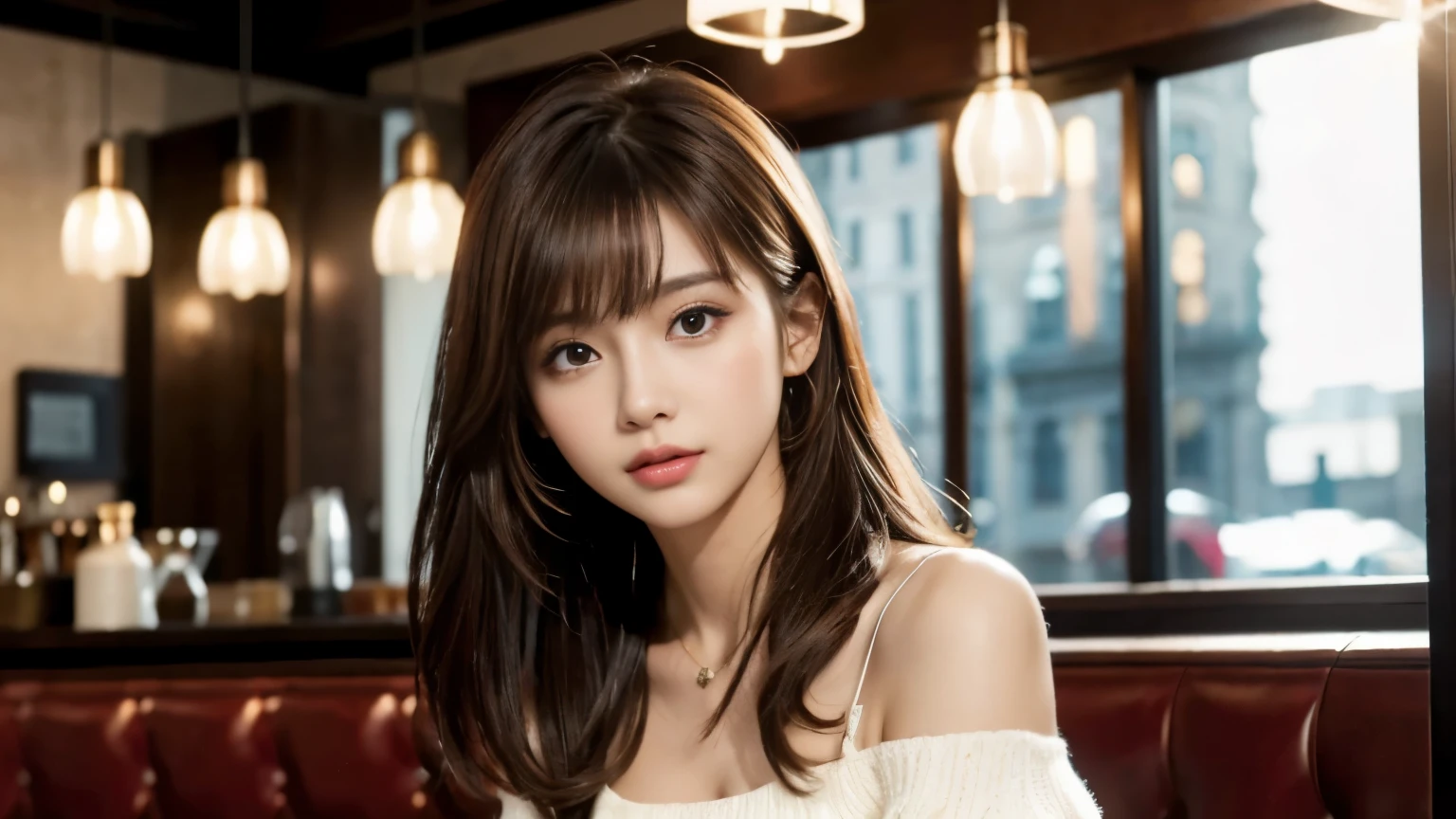 (masterpiece, super detailed, very detailed, exquisite, 16k, disorganized), woman, 19 years old, glamorous, (Suppin breeze:1.4), looking at the viewer, medium hair, messy hair, diagonal bangs, brown hair, brown eyes, Upper body, cinematic lighting, Blurry background in focus, Inside a stylish cafe, Urban Cafe 