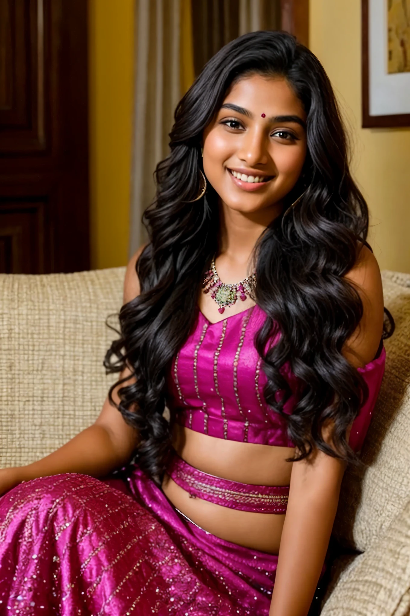 Beautiful and cute young Indian teenage girl, aged 18, radiates attraction with her charming smile. Hailing from a quaint village, she is an Instagram model, her long, glossy black hair cascading down her shoulders in loose waves. In this intimate home setting, she sit comfortably on a sofa, adorned with vibrant, colorful clothing. Rooted deeply in her culture, she exudes a warm and inviting energy. At the dance, she moves gracefully, her long hair bobbing with every rhythm, captivating the hearts of all around her.