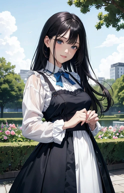 masterpiece、highest quality、High resolution、high quality images、8K, 1 female、skin luster、Texture of skin and clothing、Expression of fine eyes、shiny black hair,long hair girl, Manga inspired by Lee Jong-suk, trending on deviantart, realism, detailed manga style, manga art style, perfect line drawing, beautiful line drawing, digital manga art girl, K-POPアイドル, dress, beautiful blue eyes, plump lips, detailed gorgeous face, (cute smile), charm, innocent, Side view, (perfectly detailed face), (fine hands) photorealistic images, Depth of written boundary, half up hairstyle, gorgeous maid outfit , corolla , cloud,sky sky,night ,star, garden,Rose,The skin is delicate,建物の前にはBlue Roseが咲いている, rose background, rosette, beautiful flower garden, Pastel Roses, blue flowers, beautiful and aesthetic, Heavenly Blue, beautiful aesthetics, Pale blue shade, shades of blue, lying on a rose, rose background, pastel overflow, Blue Rose
