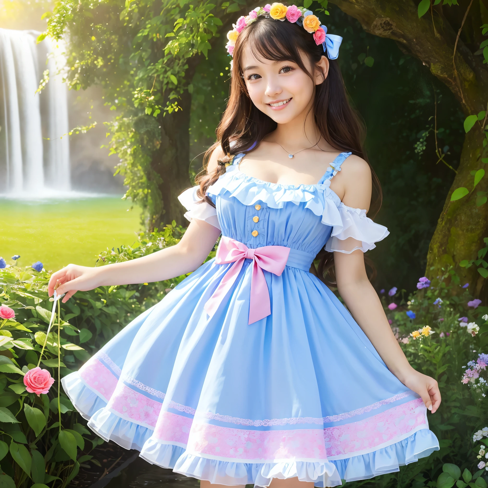 (highest quality、masterpiece、8K、best image quality、hyper realism、Award-winning work)、(Cut Lolita girl:1.1)、(very young 12 yearaby face:1.1)、(1 person:1.1)、1.1)、(Cute transparent multiple pastel color lolita dress:1.2)、(Cute girly big ribbon:1.1)、(A perfect pastel colored Lolita dress with great attention to detail:1.1)、A dress with cute frills and ribbons、Lace decoration、Cute girly fluffy wavy hair、low length、Height: 140cm、pink rose、Lots of cute frills、big cute ribbon、emphasize body line、(very big breasts:1.1)、(big cleavage:1.1)、glamorous body、Standing gracefully、(Colorful flower fields in a fairytale heaven:1.2)、(A beautiful haven inspired by the Garden of Eden:1.3)、(A huge variety of vibrant flowers:1.2)、(A treasure trove of mysterious and beautiful nature:1.2)、(Fantastic Heaven:1.3)、(Perfectly recreates the atmosphere of heaven:1.2)、(Beautiful mystical waterfall:1.3)、epic movie lighting、Tyndall effect、(Mysterious beautiful fog:1.1)、(very bright and vivid:1.1)、A girl standing gracefully、accurate anatomy、perfect makeup、long eyelashes、glossy lips、Ultra high definition glossy skin、(Ultra-high definition bright and beautiful skin:1.1)、(Super bright and radiant skin:1.1)、超高精細のglossy lips、Super high definition beautiful teeth