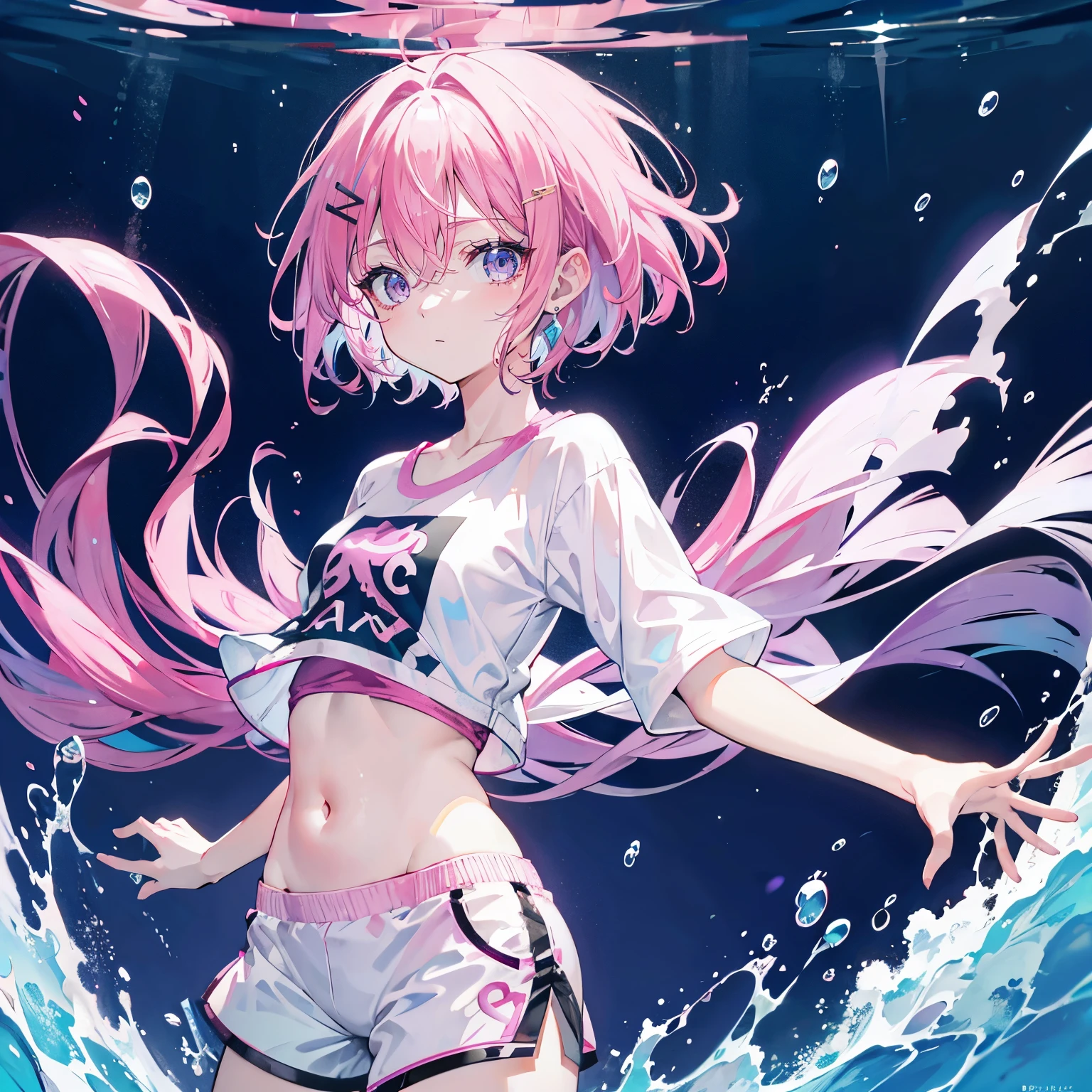 pink hair，purple eyes，short hair，sister head，earring ，Two black hairpins，White short sleeves，tight shorts，navel-baring outfit，whole body，The background is the bottom of the sea，Underwater world