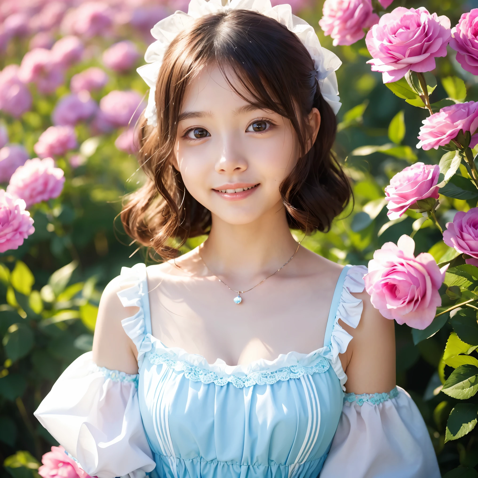 (highest quality、masterpiece、8K、best image quality、hyper realism、Award-winning work)、(Cute 12 year old ta girl:1.1)、(very young 12 year old girl:1.1)、(baby face:1.1)、(1 person:1.1)、(1 photo:1.1)、(Cute transparent multiple pastel color loliress:1.2)、(Cute girly big ribbon:1.1)、(A perfect pastel colored Lolita d with great attention to detail:1.1)、A dress with cute frills and ribbons、Lace decoration、Cute girly fluffy wavy hair、low length、Height: 140cm、pink rose、Lots of cute frills、big cute ribbon、emphasize body line、(very big breasts:1.1)、(big cleavage:1.1)、glamorous body、Standing gracefully、(Colorful flower fields in a fairytale heaven:1.2)、(A huge variety of vibrant flowers:1.2)、(A treasure trove of mysterious and beautiful nature:1.2)、(Fantastic Heaven:1.1)、(Beautiful mystical waterfall:1.2)、epic movie lighting、Tyndall effect、(Mysterious beautiful fog:1.1)、(very bright and vivid:1.1)、A girl standing gracefully、accurate anatomy、perfect makeup、long eyelashes、glossy lips、Ultra high definition glossy skin、(Ultra-high definition bright and beautiful skin:1.2)、(Super bright and radiant skin:1.2)、超高精細のglossy lips、Super high definition beautiful teeth