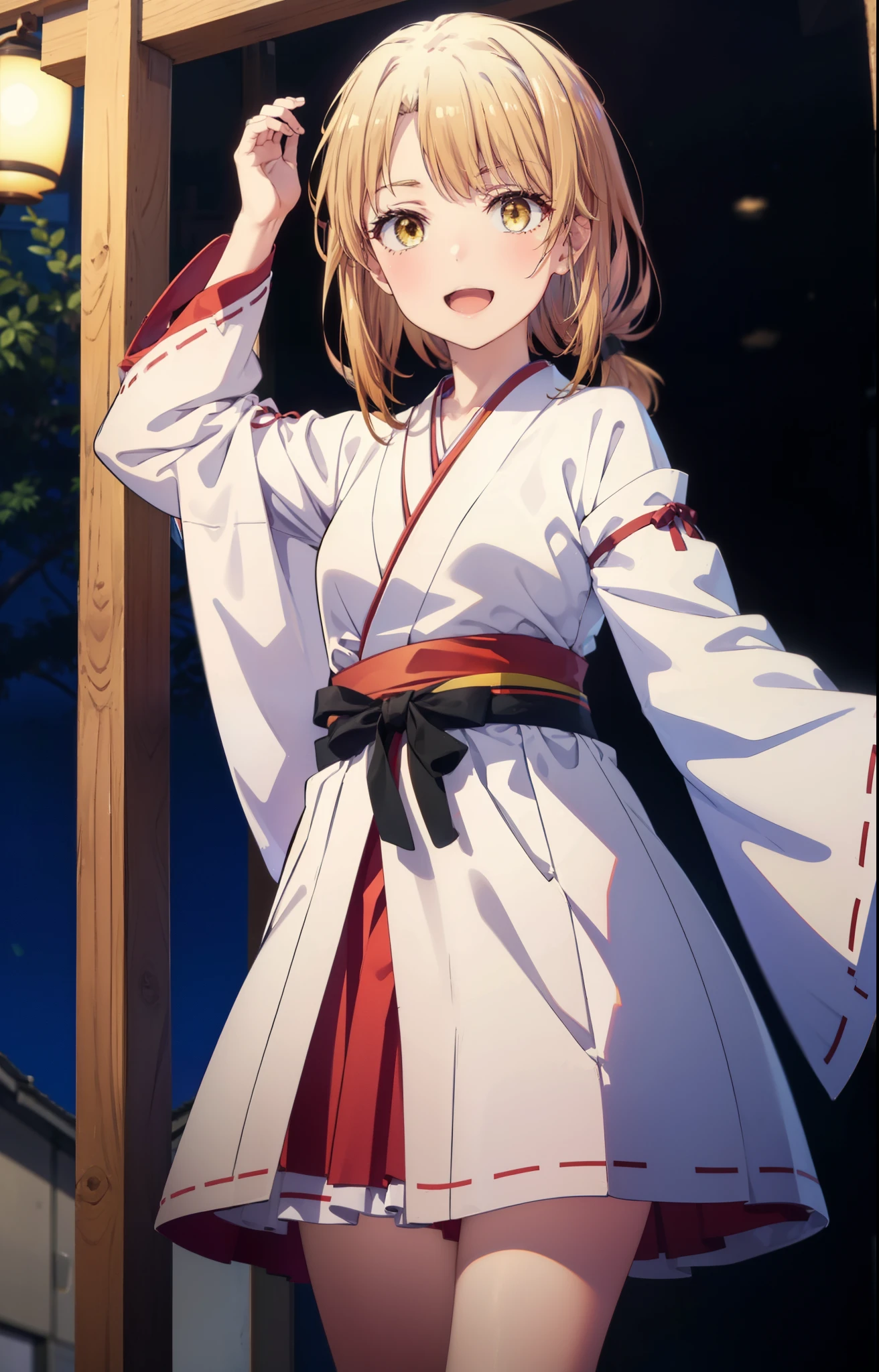 irohaisshiki, iroha isshiki, long hair, brown hair, (brown eyes:1.5), low ponytail,short braided hair,happy smile, smile, open your mouth,Platycodon,Miko, white kimono, red hakama,kimono, white foot bag,Zori sandals,same as skirt, wide sleeve, long sleeve, ribbon trim sleeves,  
looking at the viewer, Are standing, 
very long hair, dull bangs, low ponytail, 
break outdoors, shrine,torii,
break looking at viewer,whole body, (cowboy shot:1. 5)
break (masterpiece:1.2), highest quality, High resolution, unity 8k wallpaper, (shape:0.8), (fine and beautiful eyes:1.6), highly detailed face, perfect lighting, Very detailed CG, (perfect hands, perfect anatomy),