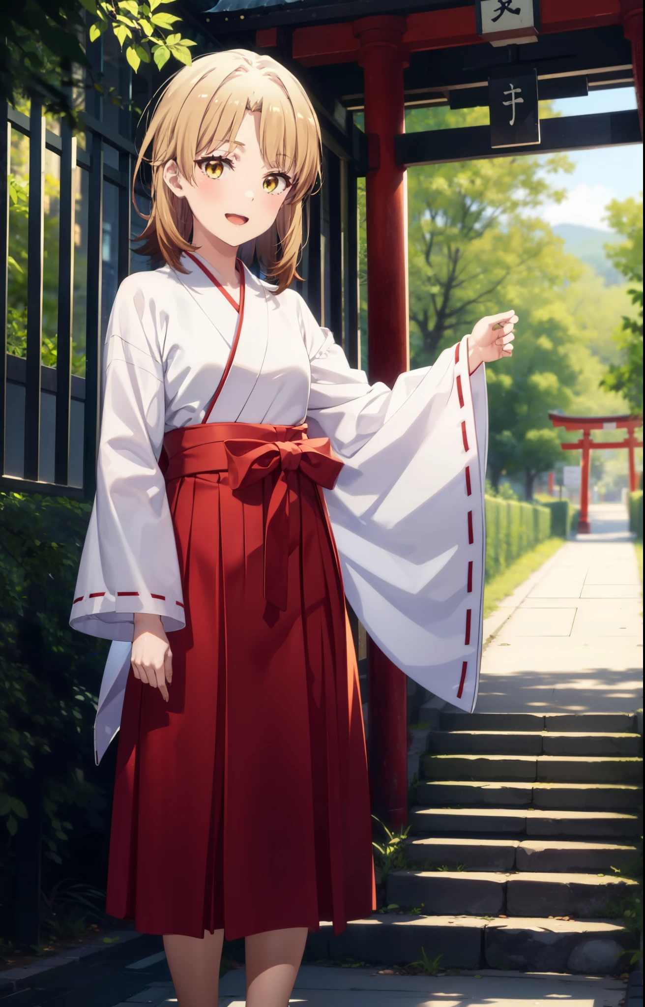 irohaisshiki, iroha isshiki, long hair, brown hair, (brown eyes:1.5), low ponytail,short braided hair,happy smile, smile, open your mouth,Platycodon,Miko, white kimono, red hakama,kimono, white foot bag,Zori sandals,same as skirt, wide sleeve, long sleeve, ribbon trim sleeves,
looking at the viewer, Are standing,
very long hair, dull bangs, low ponytail,
break outdoors, shrine,torii,
break looking at viewer,whole body, (cowboy shot:1. 5)
break (masterpiece:1.2), highest quality, High resolution, unity 8k wallpaper, (shape:0.8), (fine and beautiful eyes:1.6), highly detailed face, perfect lighting, Very detailed CG, (perfect hands, perfect anatomy),