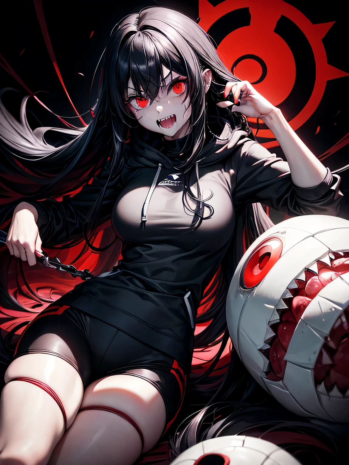 Solo. Creepy, terrifying muscular girl with messy curly black hair, big , thick thighs, a sharp jawline, crazy red eyes, metal wires joining his seperated upper jaw and lower jaw, Jeff the killer's mouth, muscular forearms, sharp shark-like teeth for teeth, pale white skin, red eyes on her body, wearing a fit white hoodie and black tracksuits, eating a lung, in a black background. Cannibalistic. Floating red eyeballs. Horror. Her name is Cannaria, 17 year old. Blood