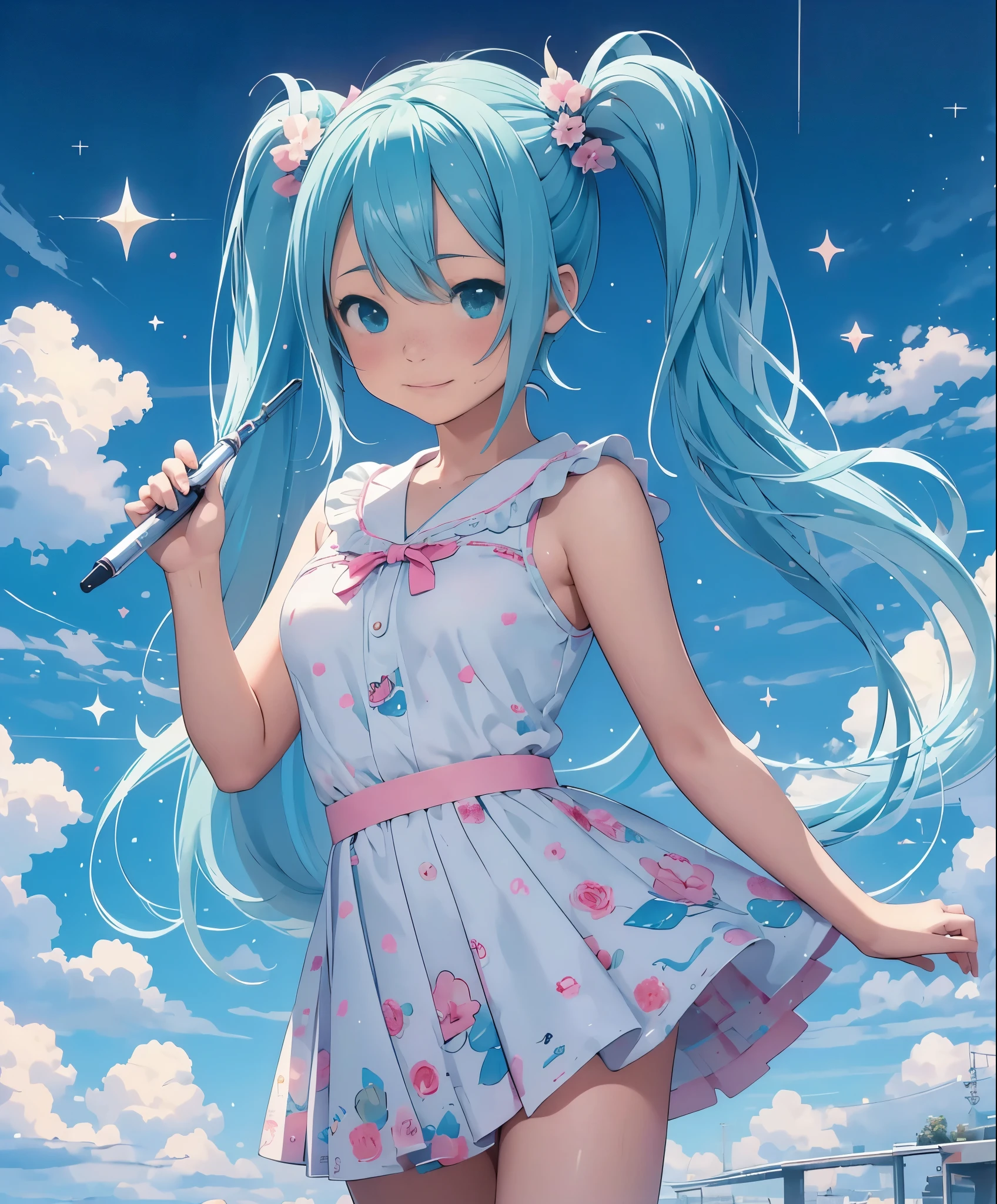 (masterpiece、highest quality、highest quality、official art、beautiful beautiful:1.2)、(1 girl:1.3)Hatsune Miku、twin tails,big breasts,満月を背景に月明かりの下で自転車に乗るanime girl, anime moe art style, mikudayo, Chibi anime girl, chibi girl, anime chibi, watercolor nendoroid, cute animeの女の子, (anime girl), chibi art, cute art style, Anime visuals of cute girls, Chibi Anime, pixiv, cute anime, starry sky!!