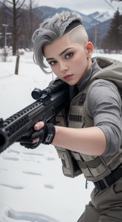 ((highest quality)), (masterpiece), realistic, photorealism, Girl aiming with assault rifle, battle pose, realistic, High resolution,snow background, look at the camera, (detailed face), (gray hair high top fade:1.3), swat vest, gun, jewelry,black gloves, my fingers are stuck