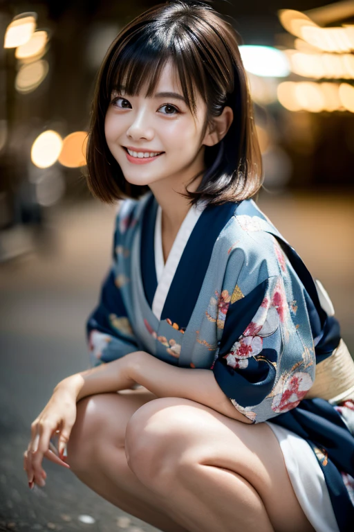 (8k, RAW photo, best quality, perfect anatomy, masterpiece:1.2), (realistic, photo-realistic:1.4), (extremely detailed 8k wallpaper), sharp focus, professional lighting, depth of field, cinematic lighting, 25 years old Beautiful and cute japanese actress, smile, wearing a traditional Japanese kimono, Crouching