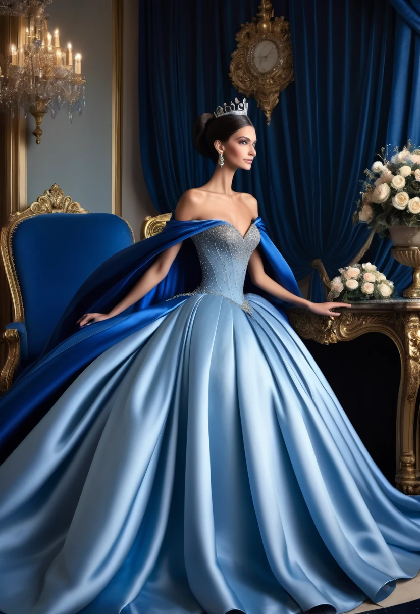 Tall and skinny but beautiful queen on her throne with dark hair coiled in bun and magnificent blue satin ball gown with extremely wide billowing skirt resembling the dress of Cinderella adorned with crystals and precious stones with long blue royal cape,