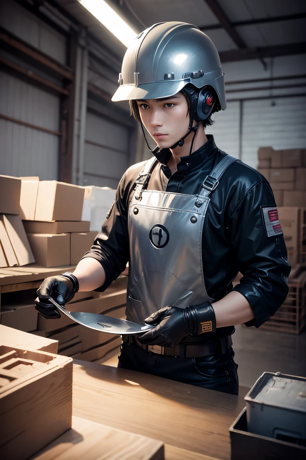 factory、1boy、Working、Metallic Records、Helmet、Handsome guy、Looks like a hassle、Work clothes
