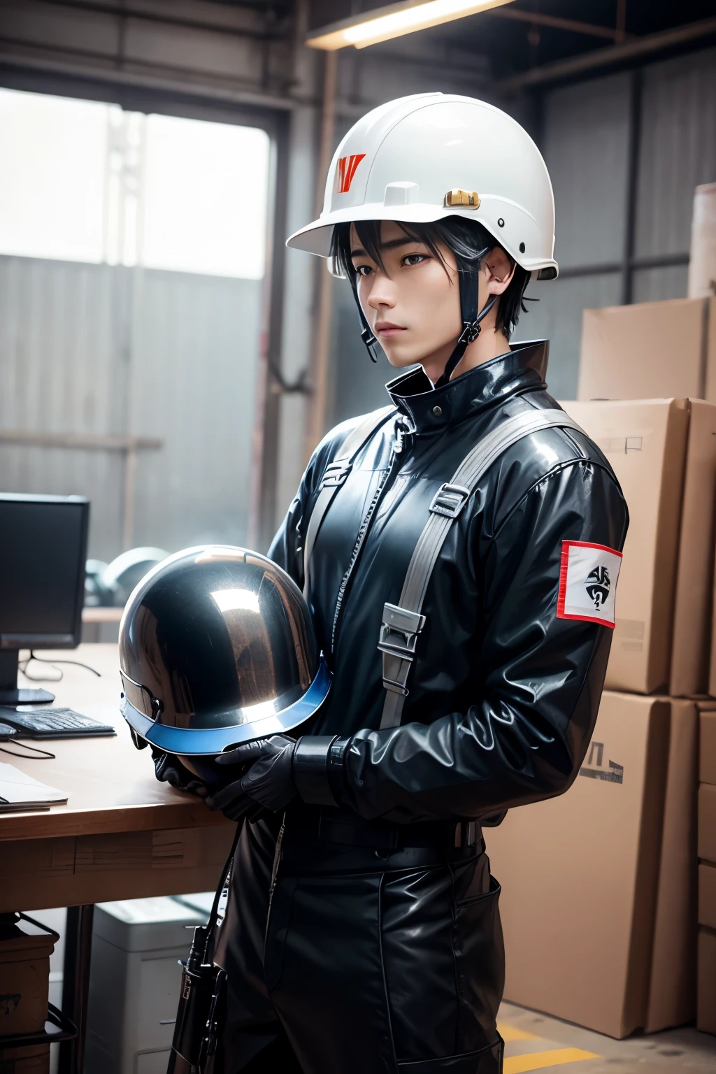 factory、1boy、Working、Metallic Records、Helmet、Handsome guy、Looks like a hassle、Work clothes