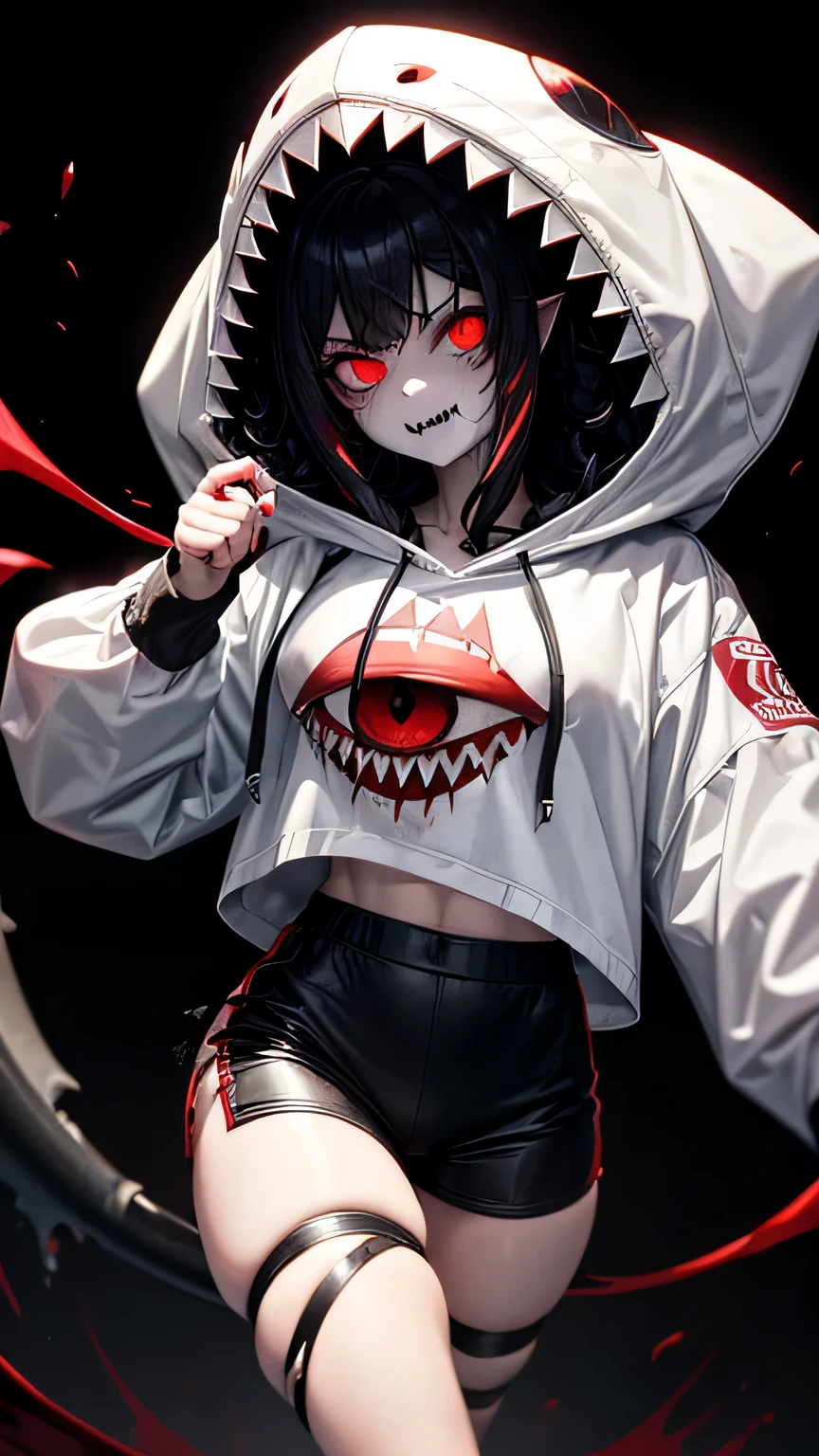 Solo. Creepy, terrifying muscular girl with messy curly black hair, big , thick thighs, a sharp jawline, crazy red eyes, metal wires joining his seperated upper jaw and lower jaw, Jeff the killer's mouth, muscular forearms, sharp shark-like teeth for teeth, pale white skin, red eyes on her body, wearing a fit white hoodie and black tracksuits, eating a lung, in a black background. Cannibalistic. Floating red eyeballs. Horror. Her name is Cannaria, . Blood