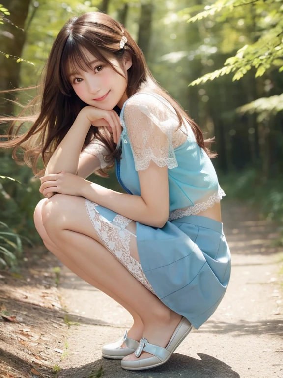 one woman、japanese woman、20-year-old beauty、professional lighting、medium long hair、brunette colored hair、brook in the forest、A sheer slip、Pastel blue lace underwear、mini skirt、High resolution、rich expression、no makeup、cute smile、catch light、Foot-to-foot display、hair fluttering in the wind、Show women smaller、Beautiful legs extending from the skirt、Show from skirt to knee、Use a reflector to bring light to your face、Sitting pose with buttocks touching down、hold your knees with both hands、look at camera