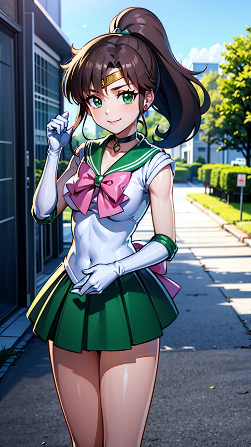 best quality, masterpiece, sailor_jupiter, brown ponytail, green eyes, pink bow, white gloves, choker, circlet, green skirt, looking at viewer, smiling, medium shot, 
standing, outside, city, street, blue sky, extreme detail, hdr, beautiful quality, 