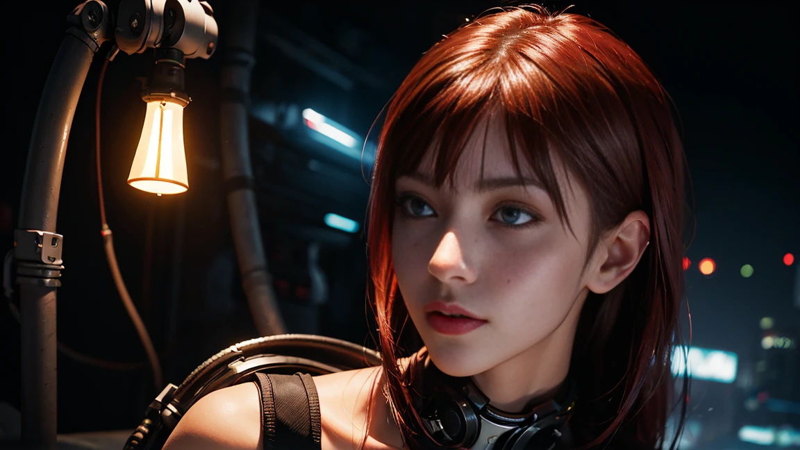 high quality, masterpiece, ultra high resolution, ((realistic: 1.4), Raw photo, 1 Cyberpunk Girl, Upper body,Glossy skin, 1 Mechanical Girl, (Super realistic details)), mechanical limbs, Tubes connected to mechanical parts, mechanical vertebrae attached to the spine, Mechanical cervical attachment to the neck, Wires and cables connecting to the head, Evangelion, ghost in the shell, small glowing LED lamp, global lighting, deep shadow ,Pointing