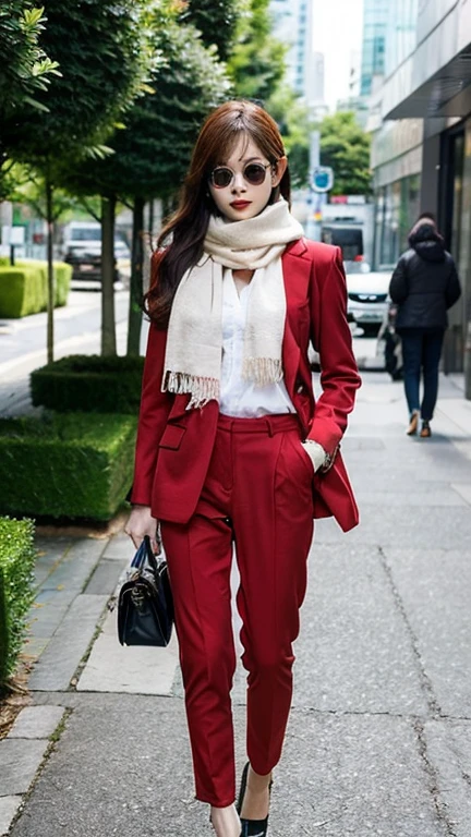 8K,woman,whole body,shortcut,Glasses,30 years old,Red suit style,scarf,Purple White Pink,