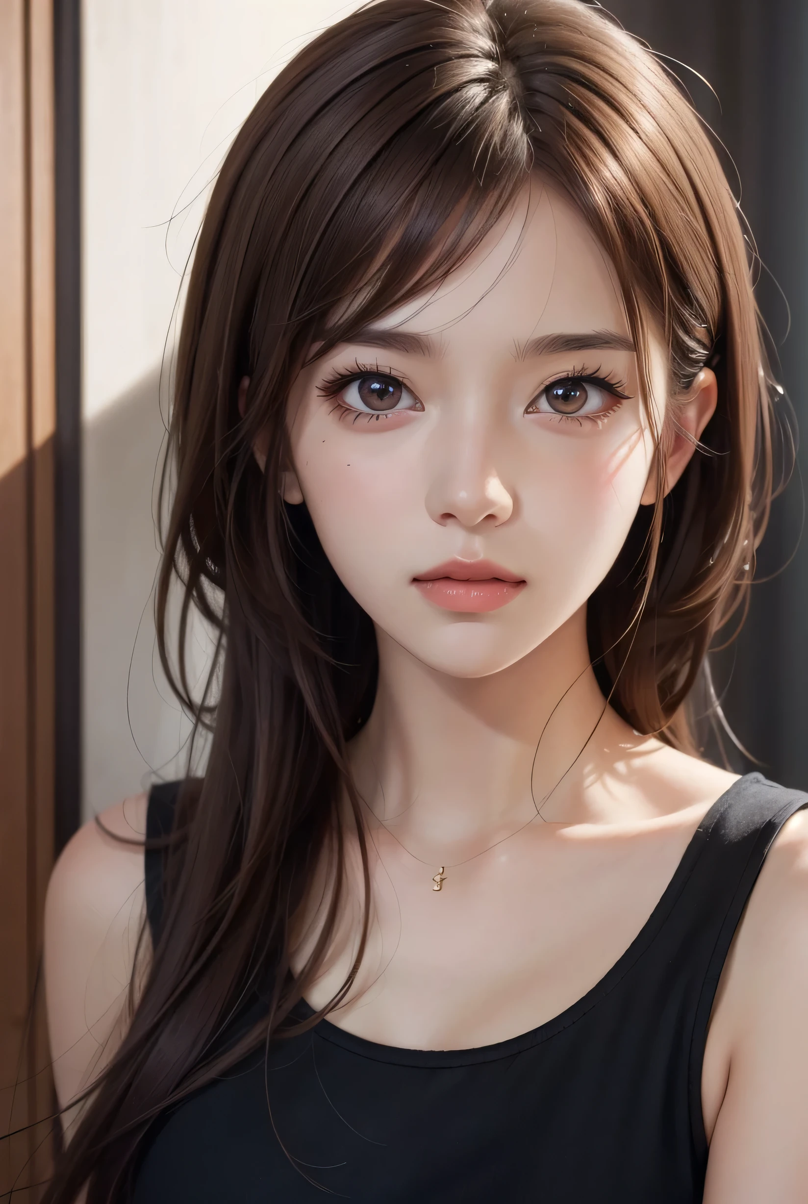 Close up portrait of a woman with brown hair and brown shirt。, cute realistic portrait, Realistic anime 3d style, Photorealistic anime girl rendering, realistic 3d animation, realistic art style, 8K portrait rendering, realistic cute girl drawing, realistic art style, Smooth anime CG art, anime realism style, realistic beautiful face, realistic young anime girl