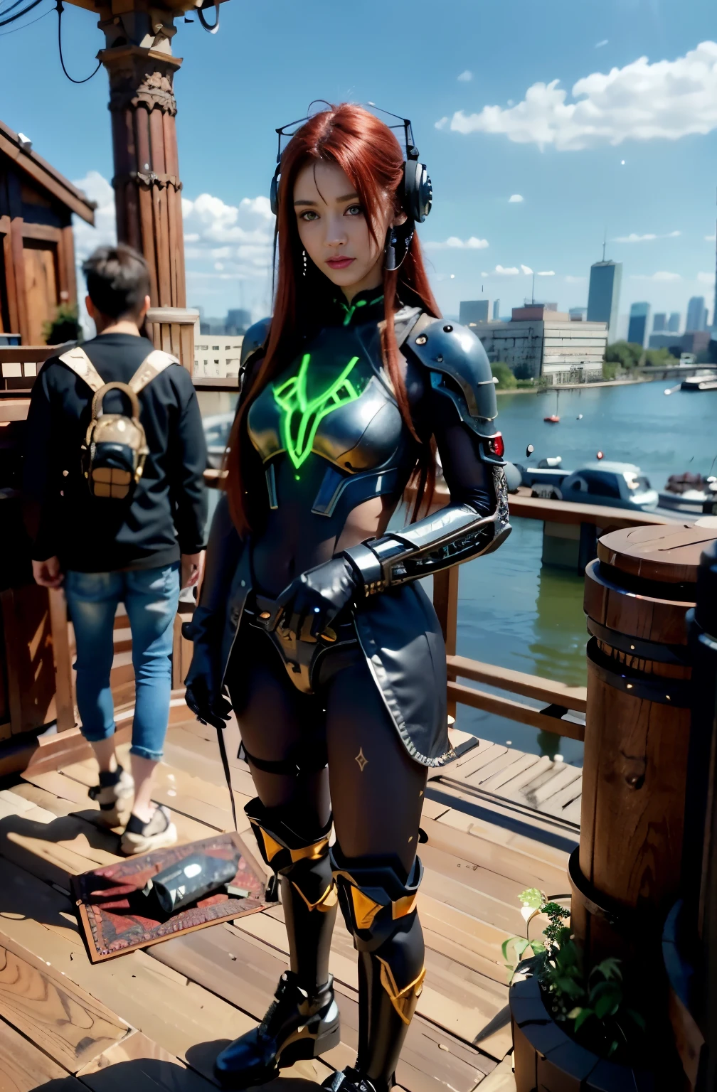 (top-quality:1.2, masterpiece)、ultra high resolution、extremely ultra surrealism, (Photorealsitic:1.4)、Raw photo、(Steampunk Battle Cyborg fallen angel)、large wings made of metal、black porcelain body、red hair、glowy skin、1 Cyborg girl、(mechanical frame:1.3)japanese, extremely cute face, ((super realistic details))、portrait、globalillumination、Shadow、octan render、8K、ultrasharp、character edge light、Details of complex ornaments、Acrylic Clear Cover、Sumerian details、Hydraulic cylinder、Small LED lamp、highly intricate detail、Realistic light、a purple eye、radiant eyes、Facing the camera、neon details、cowboy shot、Futuristic headgear、About Cyberpunk