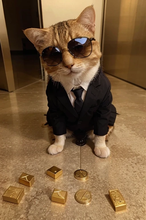 a lot of money, safe full of dollars, Bundle of money, gold bar, cat wearing sunglasses and suit, cute, very cool, funny, pleasure