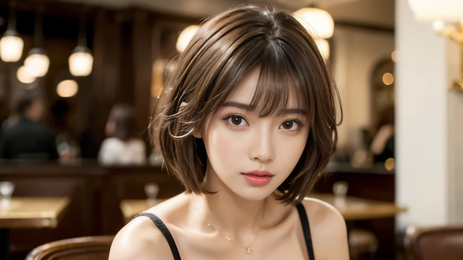 (masterpiece, super detailed, very detailed, exquisite, 16k, disorganized), woman, 19 years old, glamorous, (Suppin breeze:1.4), looking at the viewer, short hair, messy hair, diagonal bangs, brown hair, brown eyes, Upper body, cinematic lighting, Blurry background in focus, Inside a stylish cafe, Urban Cafe 