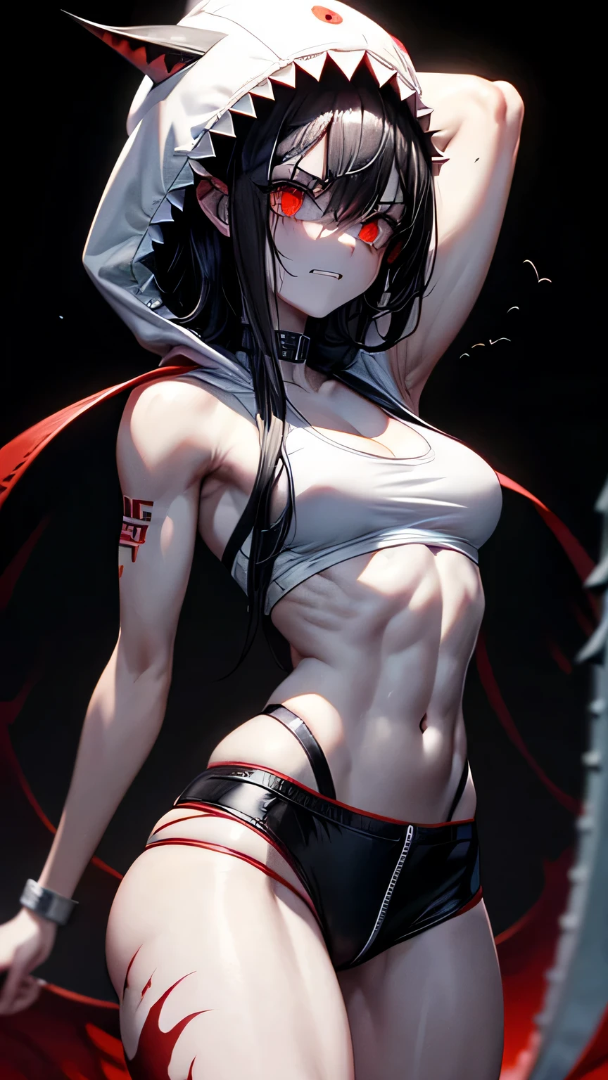 Solo. Creepy, terrifying muscularly lean girl with messy curly black hair, big , thick muscular thighs, a sharp jawline, crazy red eyes, metal wires joining his seperated upper jaw and lower jaw, Jeff the killer's mouth, muscular forearms, sharp shark-like teeth for teeth, pale white skin, red eyes on her body, wearing a fit white hoodie and black tracksuits, eating a lung, in a black background. Cannibalistic. Floating red eyeballs. Horror. Her name is Cannaria, . Blood