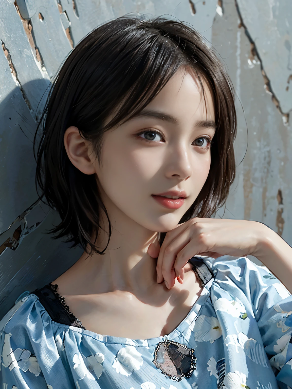 (A hyper-realistic), (illustration), (hight resolution), (8K), (highly detailed), (The best illustrations), (detailed face), (beautiful detailed eyes), (top-quality), (​masterpiece), (wall-paper), solo, Girl in dark underwear, plump breasts, smile, Upper body close-up, short hair,inner colored