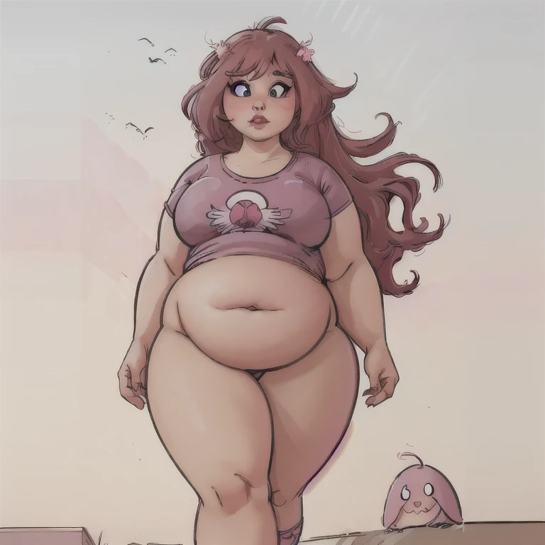 (((Masterpiece))), ((highres)), ((high qualirt)), ((detailed)), beautiful, chubby girl in pink pajamas with ultra pear shape waddling while walking, very thicc thighs and wide hips, very big lower body and booty, ultra wide hips, ultra thicc ass, ultra wide lower body, very fat calves and thighs and curves around belly