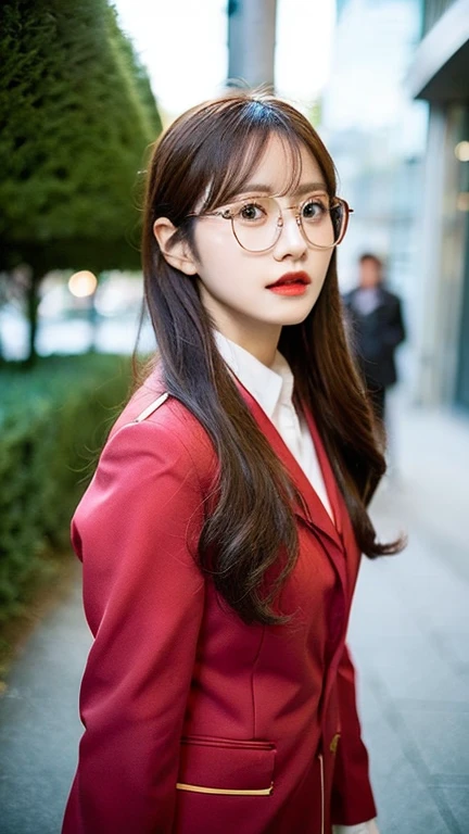 8K,woman,whole body,shortcut,Glasses,30 years old,Red suit style,scarf,Purple White Pink,