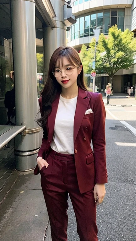 8K,woman,whole body,shortcut,Glasses,30 years old,Red suit style,scarf,Purple White Pink,