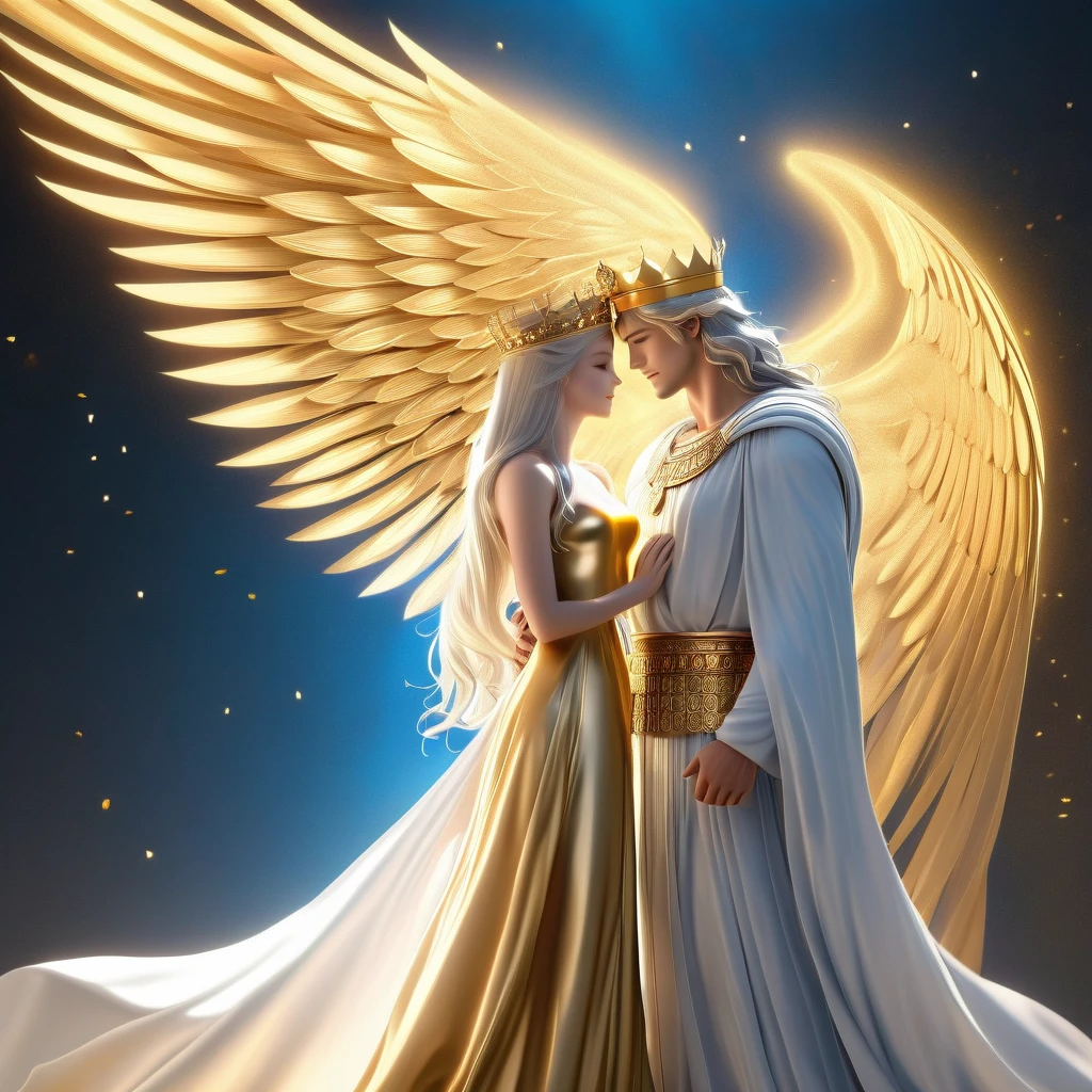 In the arms of a very handsome young, majestic, courageous, athletic, attractive king men with long straight platinum hair, liht blue burning eyes, dressed in golden royal robes, with a gold crown on his head, with large gold wings growing behind his back hugs an incredibly beautiful young delicate fragile woman in a flowing white translucent a Greek-style dress, she has blue eyes, long golden hair, an elegant golden tiara, a beautiful slender female body that can be seen through the fabric of her dress, beautiful neat small female breasts with pointed nipples, small pink halos. They are in love with each other, he gently hugs her.  full-length image. realistic image, full-length image. careful drawing of the anatomical authenticity of the body, delicate type of face, excessive detailing of the female body. Masterpiece, perfect drawing, realistic drawing, full-length drawing, 8k. full-length image, realistic image, detailed image. an extremely detailed illustration, a real masterpiece, of the highest quality, with careful drawing. shading with shadows. careful display of the anatomical authenticity of the female body, attractive face type and excessive detail of the female body.  realistic image