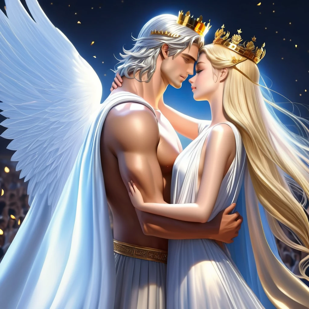 In the arms of a very handsome young, majestic, courageous, athletic, attractive king men with long straight platinum hair, liht blue burning eyes, dressed in golden royal robes, with a gold crown on his head, with large gold wings growing behind his back hugs an incredibly beautiful young delicate fragile woman in a flowing white translucent a Greek-style dress, she has blue eyes, long golden hair, an elegant golden tiara, a beautiful slender female body that can be seen through the fabric of her dress, beautiful neat small female breasts with pointed nipples, small pink halos. They are in love with each other, he gently hugs her.  full-length image. realistic image, full-length image. careful drawing of the anatomical authenticity of the body, delicate type of face, excessive detailing of the female body. Masterpiece, perfect drawing, realistic drawing, full-length drawing, 8k. full-length image, realistic image, detailed image. an extremely detailed illustration, a real masterpiece, of the highest quality, with careful drawing. shading with shadows. careful display of the anatomical authenticity of the female body, attractive face type and excessive detail of the female body.  realistic image