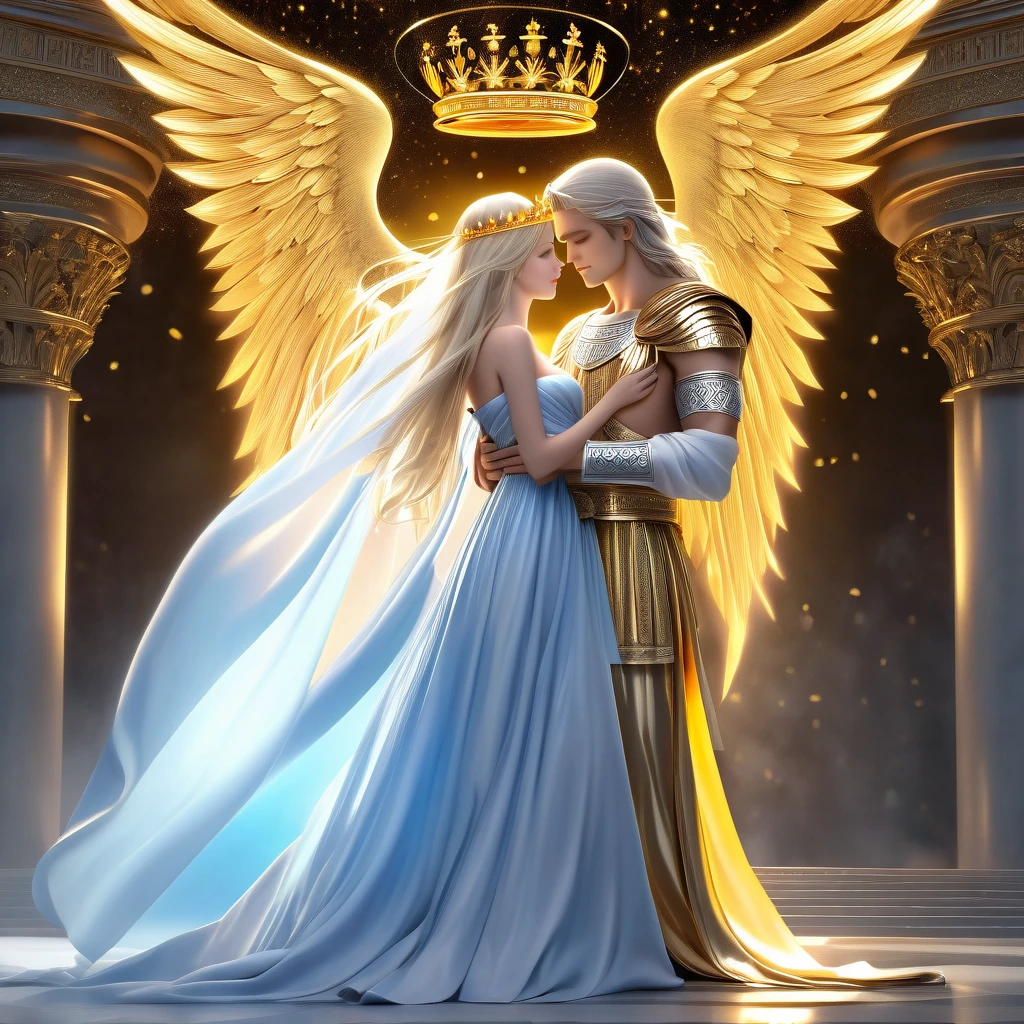 In the arms of a very handsome young, majestic, courageous, athletic, attractive king men with long straight platinum hair, liht blue burning eyes, dressed in golden royal robes, with a gold crown on his head, with large gold wings growing behind his back hugs an incredibly beautiful young delicate fragile woman in a flowing white translucent a Greek-style dress, she has blue eyes, long golden hair, an elegant golden tiara, a beautiful slender female body that can be seen through the fabric of her dress, beautiful neat small female breasts with pointed nipples, small pink halos. They are in love with each other, he gently hugs her. full-length image. realistic image, full-length image. careful drawing of the anatomical authenticity of the body, delicate type of face, excessive detailing of the female body. Masterpiece, perfect drawing, realistic drawing, full-length drawing, 8k. full-length image, realistic image, detailed image. an extremely detailed illustration, a real masterpiece, of the highest quality, with careful drawing. shading with shadows. careful display of the anatomical authenticity of the female body, attractive face type and excessive detail of the female body. realistic image