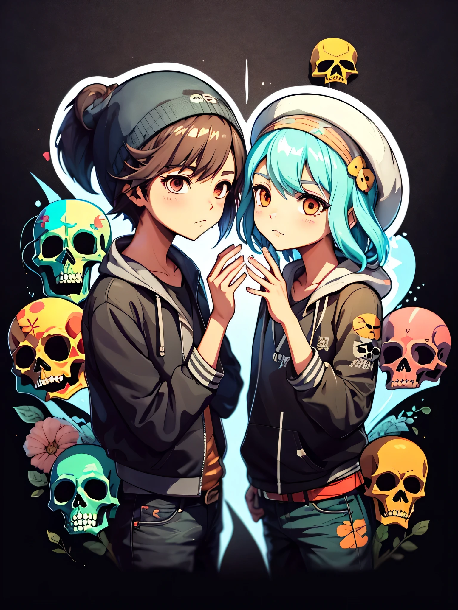 Makoto Shinkai style、Skull Girl,Stylish sunglasses、Stylish hats、The background is a colorful graffiti wall,skull fashion、masterpiece、delicate details