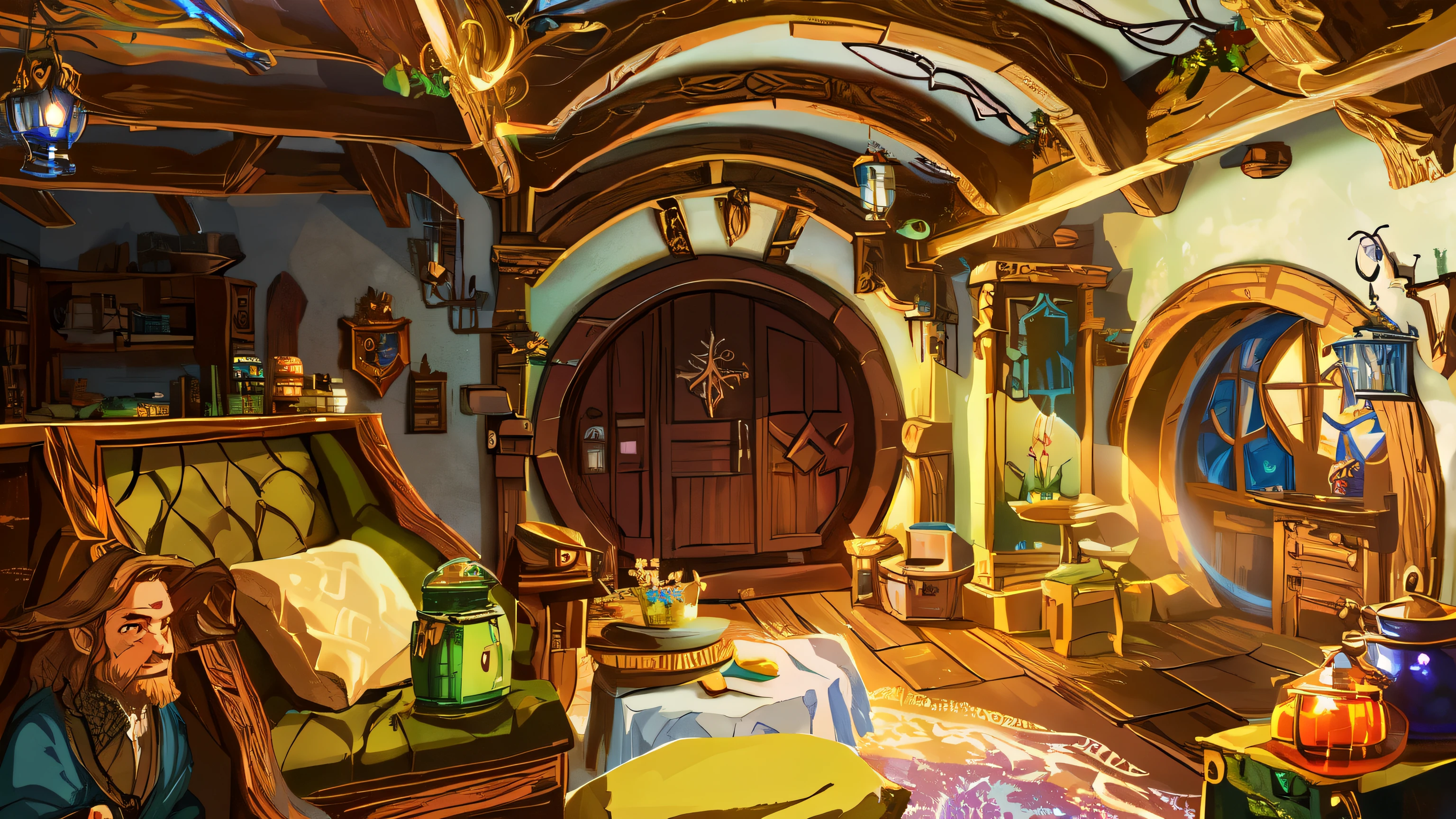 there is a room with a lot of furniture and a big door, interior of a hobbit hole, fantasy Tavern background, interior background art, In his hobbit home, Fantasy bakery interior setting, Detailed game art illustration, fairy tale style background, hobbit hole, background artwork, Game illustration, background art, fantasy alchemist&#39;s laboratory, Detailed game art, Tavern background, House of the Elves