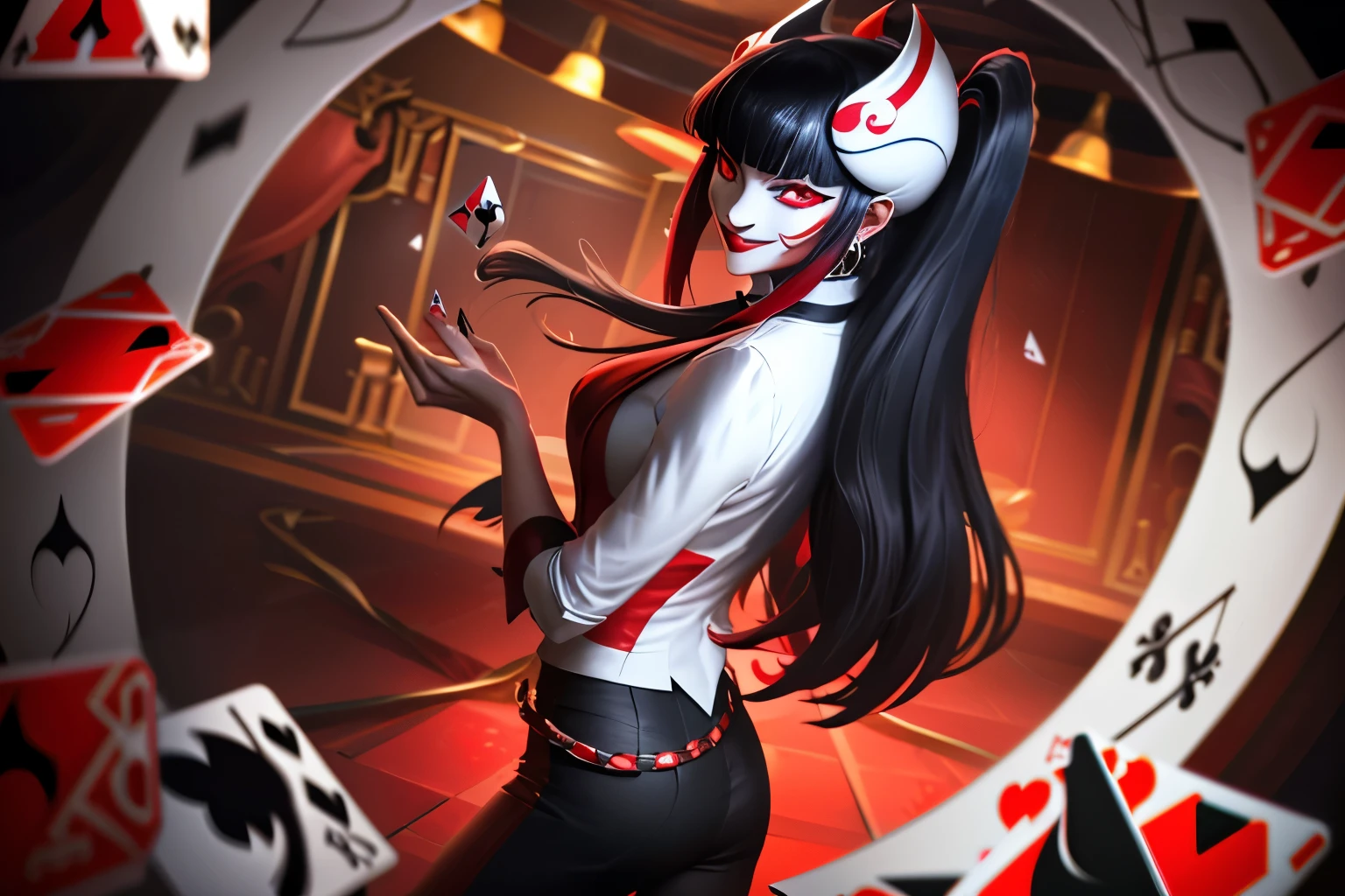 clown,white shirt,(red black magic:1.2), League of Legends สแปลชอาร์ต, woman,Bangs,black pants,Red eyes,ยืนอยู่บนcard,Long black hair with bangs,(madness:1.2),card,mask,Sino roof floor,Omie,mirror,smile,side view,magician,dice,Spades,Poteng,club,cross python,joker