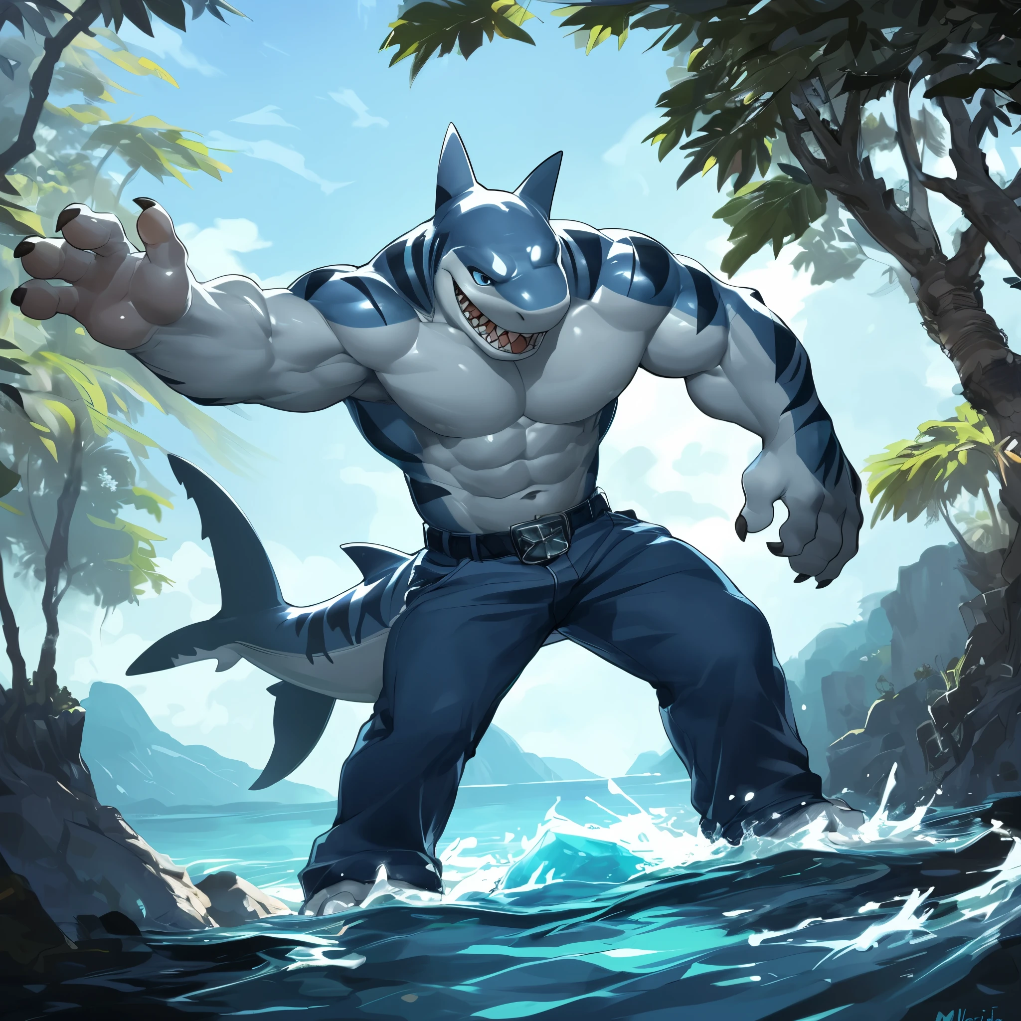 hi res, (shark, great white shark), anthro, 4 fingers, piercing aqua blue eyes, navy blue pants, crisp white shirt, masculine, muscular physique, defined muscles, powerful tail, outdoors, lush greenery, vibrant blue sea, solitary stance, towering tree in the background, crystal-clear water, meticulously crafted background, created by the talented artist milkytiger1145, with the artistic touch of takemoto arashi and the exquisite attention to detail by null-ghost, creating a chilling and captivating atmosphere, the shark's toothy grin reveals a predatory nature, while its open smile exudes a sense of playful excitement.