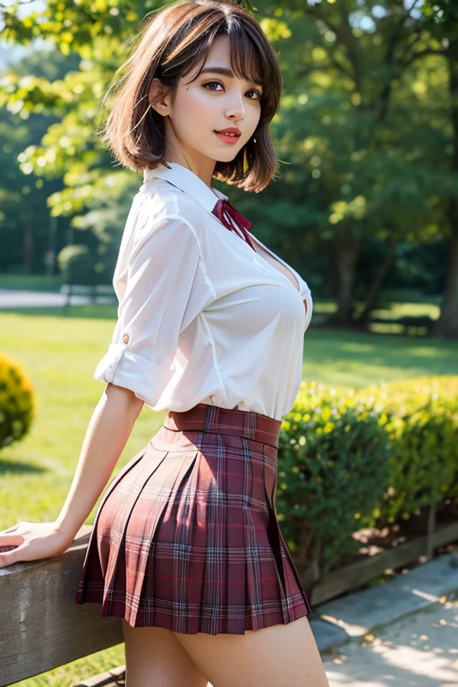 nsfw, 8K raw photo, Best quality, masterpiece, ultra high res, film grain, filmg, 1girl, looking at viewer, natural skin texture, realistic eye and face details, full lips, lipstick, (makeup), red eyeshadow, fluffy short hair, messy hair, smile, close mouth, beautiful legs, tall female, skinny, slim_legs, solo, enormous breast, cleavage, Pose with buttocks facing you, ultra short skirt, ass, shirt, beautiful nature location, around flower location, (detailed background), plaid skirt, white shirt, enormous breast, cleavage, Show a little cleavage through the shirt, loafers, blurry background, blurry, holding, plaid, short sleeves, jk ribbon on the neck, jk ribbon, brown hair, bracelet, water, bangs, , jewelry, parted lips, lips, from side, pleated skirt, depth of field