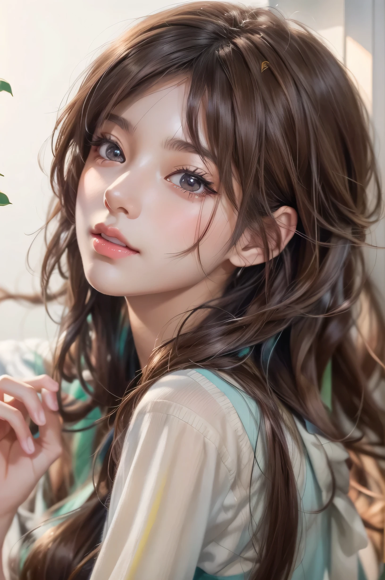 Close up portrait of a woman with brown hair and brown shirt。, cute realistic portrait, Realistic anime 3d style, Photorealistic anime girl rendering, realistic 3d animation, realistic art style, 8K portrait rendering, realistic cute girl drawing, realistic art style, Smooth anime CG art, anime realism style, realistic beautiful face, realistic young anime girl