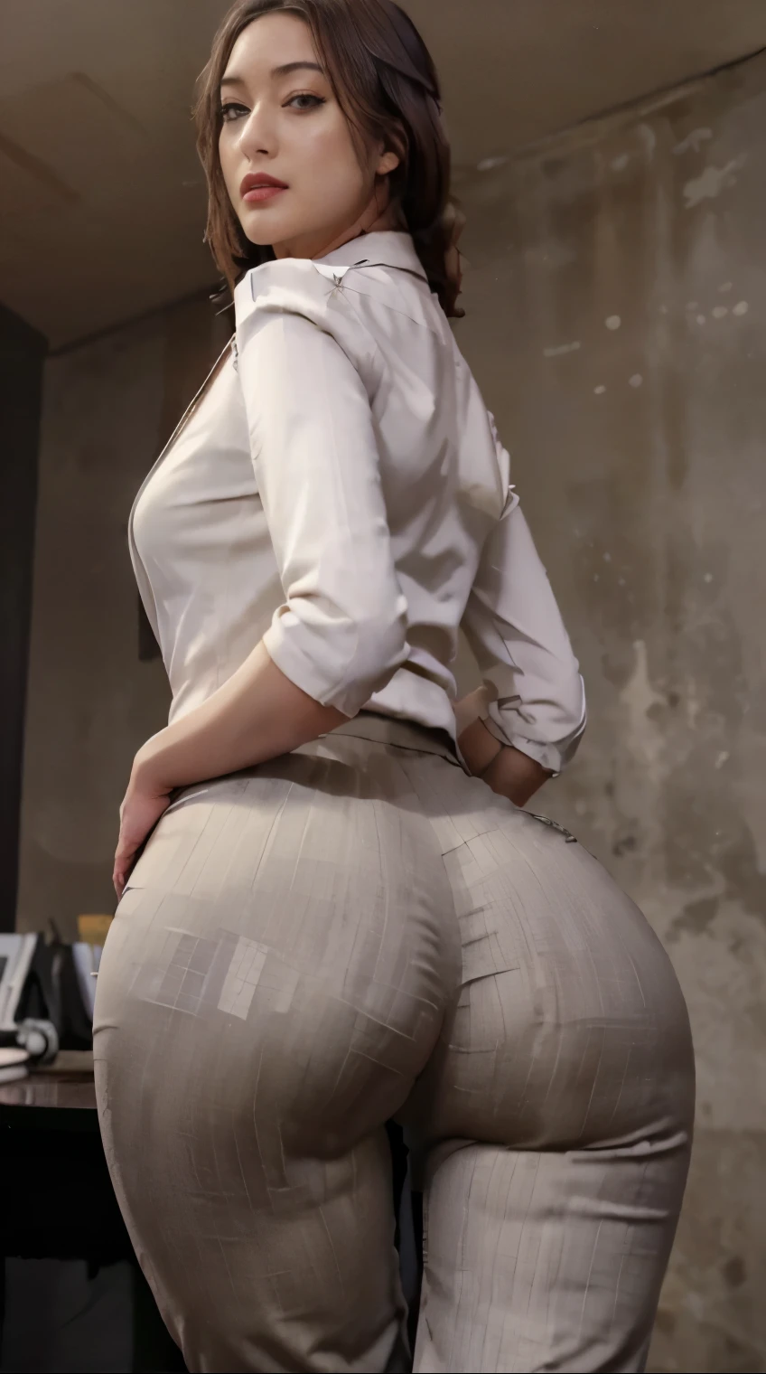 Best quality, masterpiece, ultra high res, (photorealistic:1.4), raw photo, 1girl, ((formal office suit, trouser)), ((thick thigh, protruding ass, perfect proportion)), ass emphasized, long flowing skirt, hotel background, satin suit