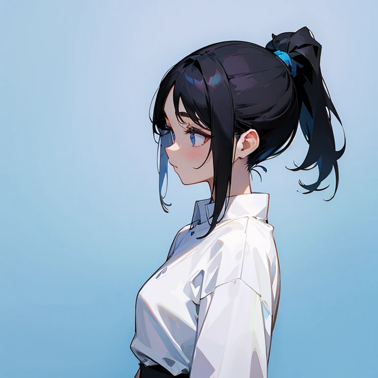 woman、black hair、ponytail、white shirt、blue background