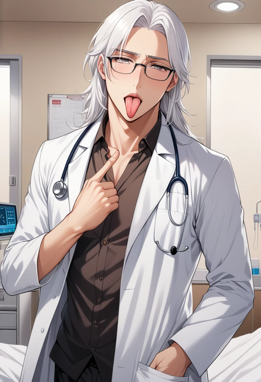(masterpiece, best quality:1.2), (1boy), solo, 8k, white hair, long hair, glasses, handsome male, very detailed, tall, doctor, anime style, at a hospital, white coat, tongue out, finger on tongue, blush, lewd expression
