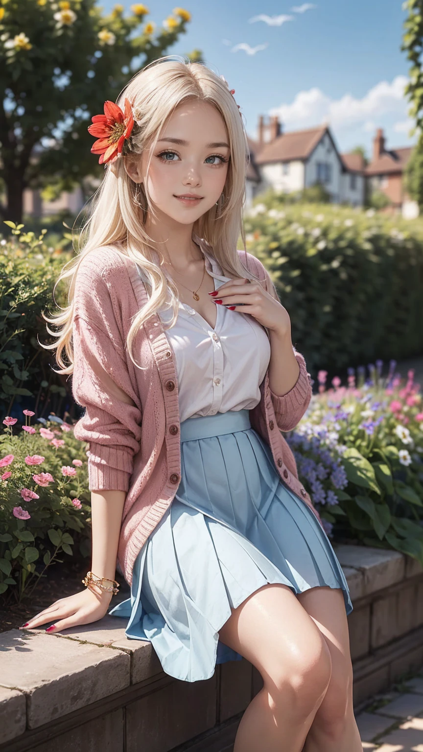 ((最high quality, 8K, masterpiece: 1.3, Ultra HD, high quality, 最high quality, High resolution, realism)) 、A 22-year-old extremely beautiful white woman、Her hair color is platinum blonde、blue eyeedium hair、straight hair、The hair is shiny、The skin is lustrous、smile、Slender but well-proportioned muscular body、Athlete-like body type、I don't want my head to disappear from the screen.、Wearing accessories on your wrist、Wearing red nail polish、I have a peticure、British suburban buildings、There is an English garden、Many flowers bloom、The blue sky is beautiful、summer sunshine、Wearing a blouse、put on a cardigan、Long length covers the ankles、Wear a pleated skirt、Drinking tea in the garden、anatomically correct、((anatomically correct))、Ultra high definition((UHD))、textured skin((textured skin))、very detailed((super detail))、high detail((high details))、smile showing teeth((grin))、hair flower((hair flower))