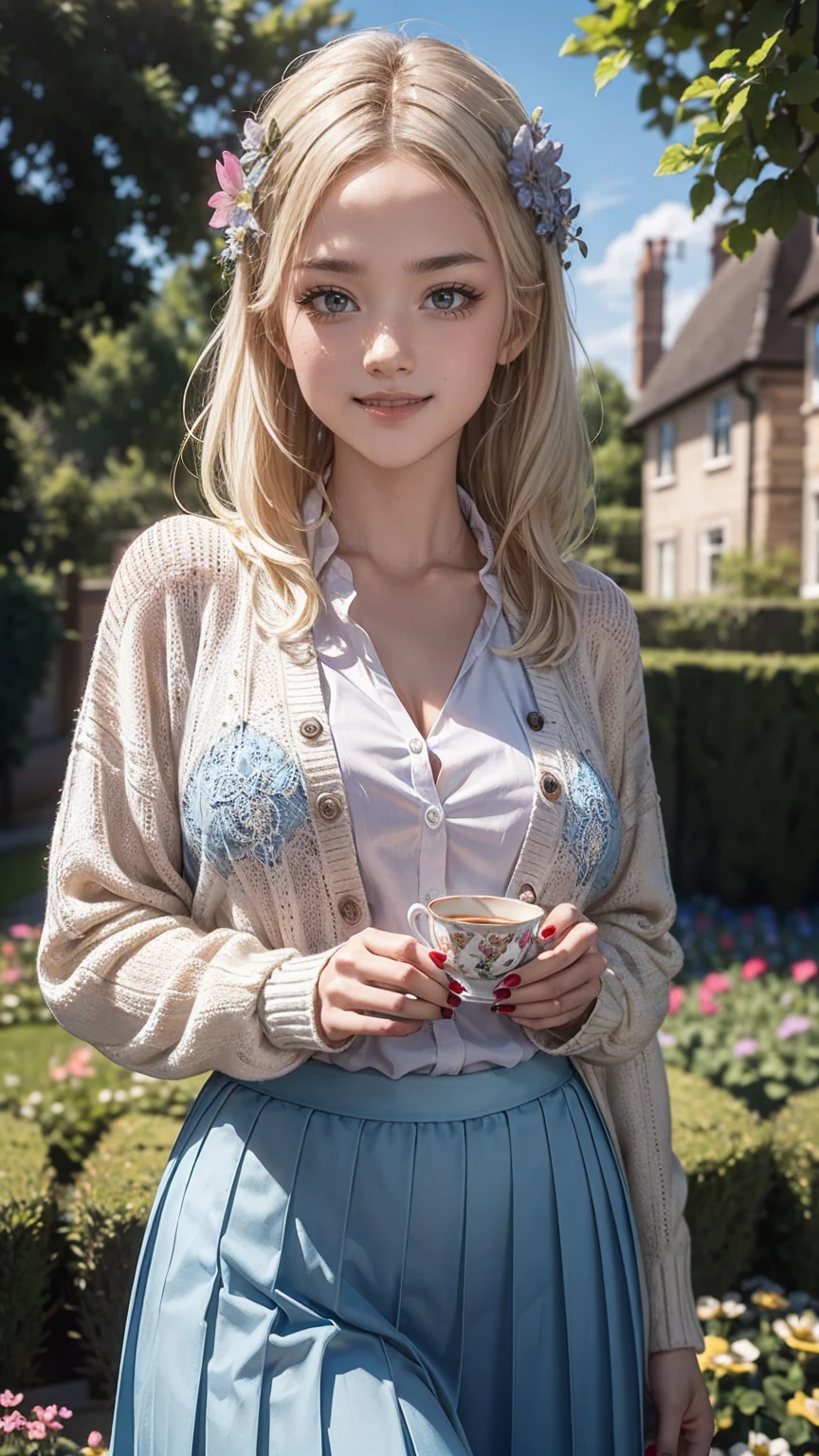 ((最high quality, 8K, masterpiece: 1.3, Ultra HD, high quality, 最high quality, High resolution, realism)) 、A 22-year-old extremely beautiful white woman、Her hair color is platinum blonde、blue eyeedium hair、straight hair、The hair is shiny、The skin is lustrous、smile、Slender but well-proportioned muscular body、Athlete-like body type、I don&#39;t want my head to disappear from the screen.、Wearing accessories on your wrist、Wearing red nail polish、I have a peticure、British suburban buildings、There is an English garden、Many flowers bloom、The blue sky is beautiful、summer sunshine、Wearing a blouse、put on a cardigan、Long length covers the ankles、Wear a pleated skirt、Drinking tea in the garden、anatomically correct、((anatomically correct))、Ultra high definition((UHD))、textured skin((textured skin))、very detailed((super detail))、high detail((high details))、smile showing teeth((grin))、hair flower((hair flower))